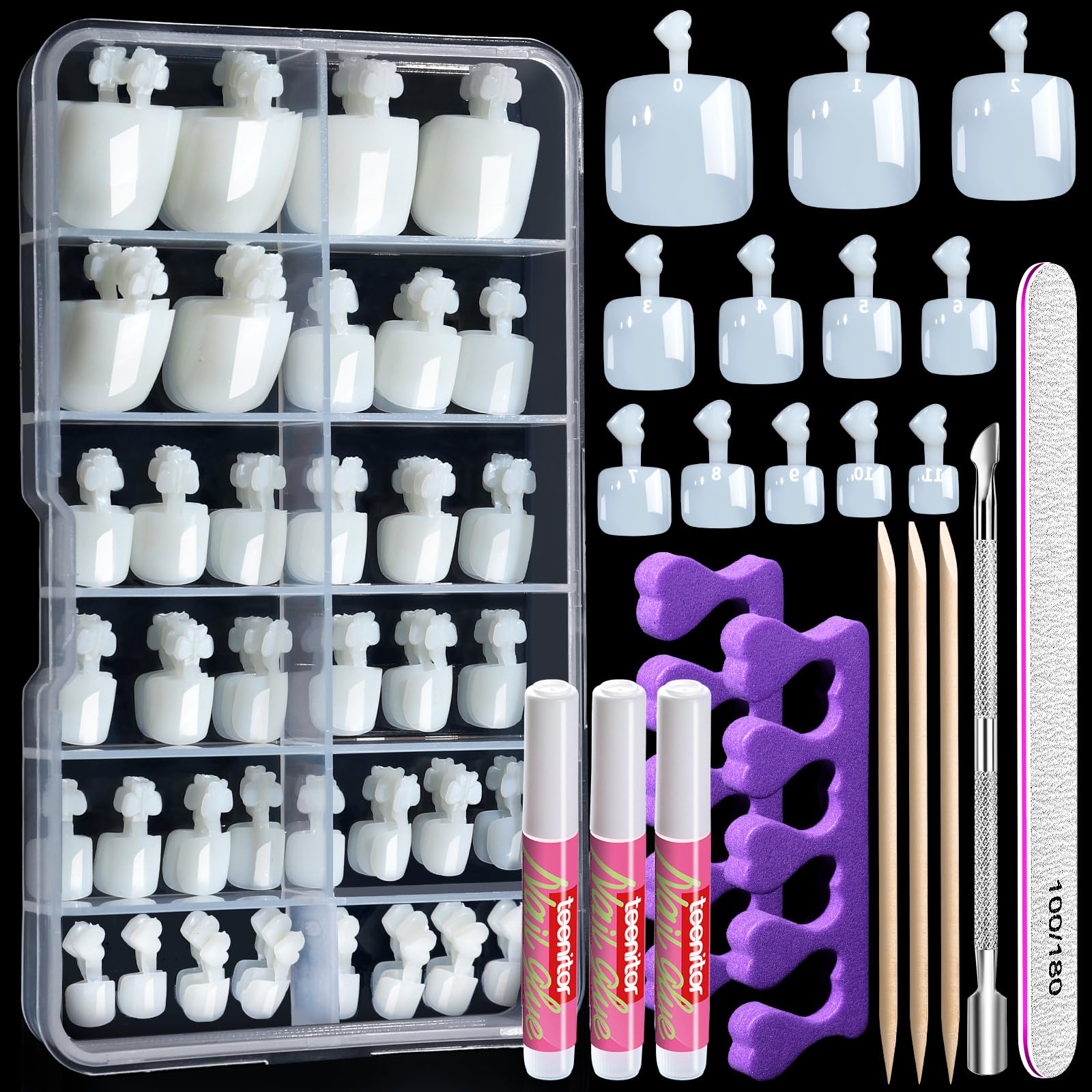 120pcs Natural False Toe Nails Tip with Nail Glue Set, Teenitor Full Cover Acrylic Fake Toenail Tips with Cuticle Pusher & 100/180 Grit Nail File for Women Girl