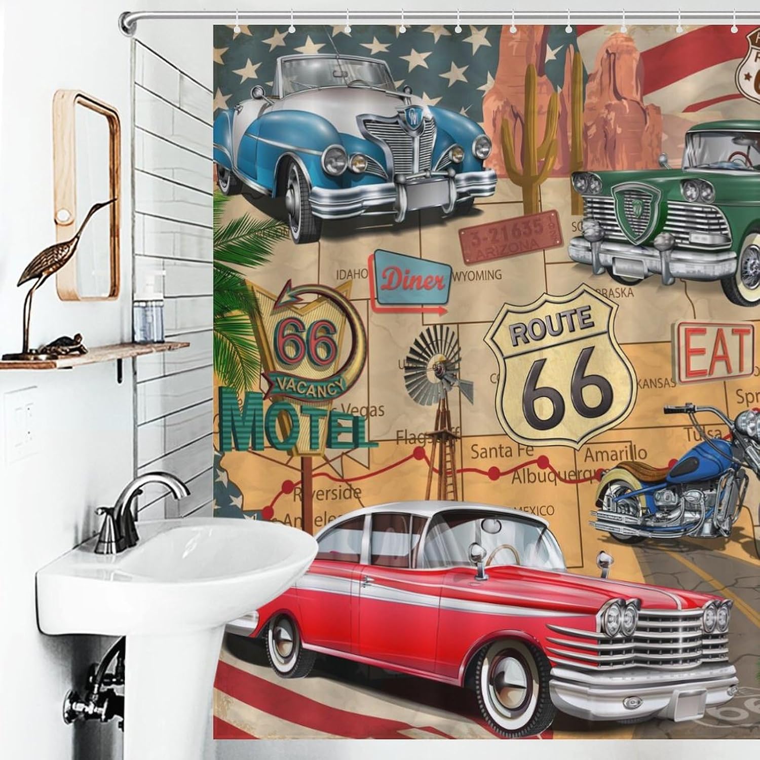 Route 66 Road Shower Curtain for Bathroom, Rustic Boys Man Vintage Classic Car Motorcycle Biker Country Western Retro Man Cave Waterproof Fabric Shower Curtain Set with Hooks, 72"x84" Inch