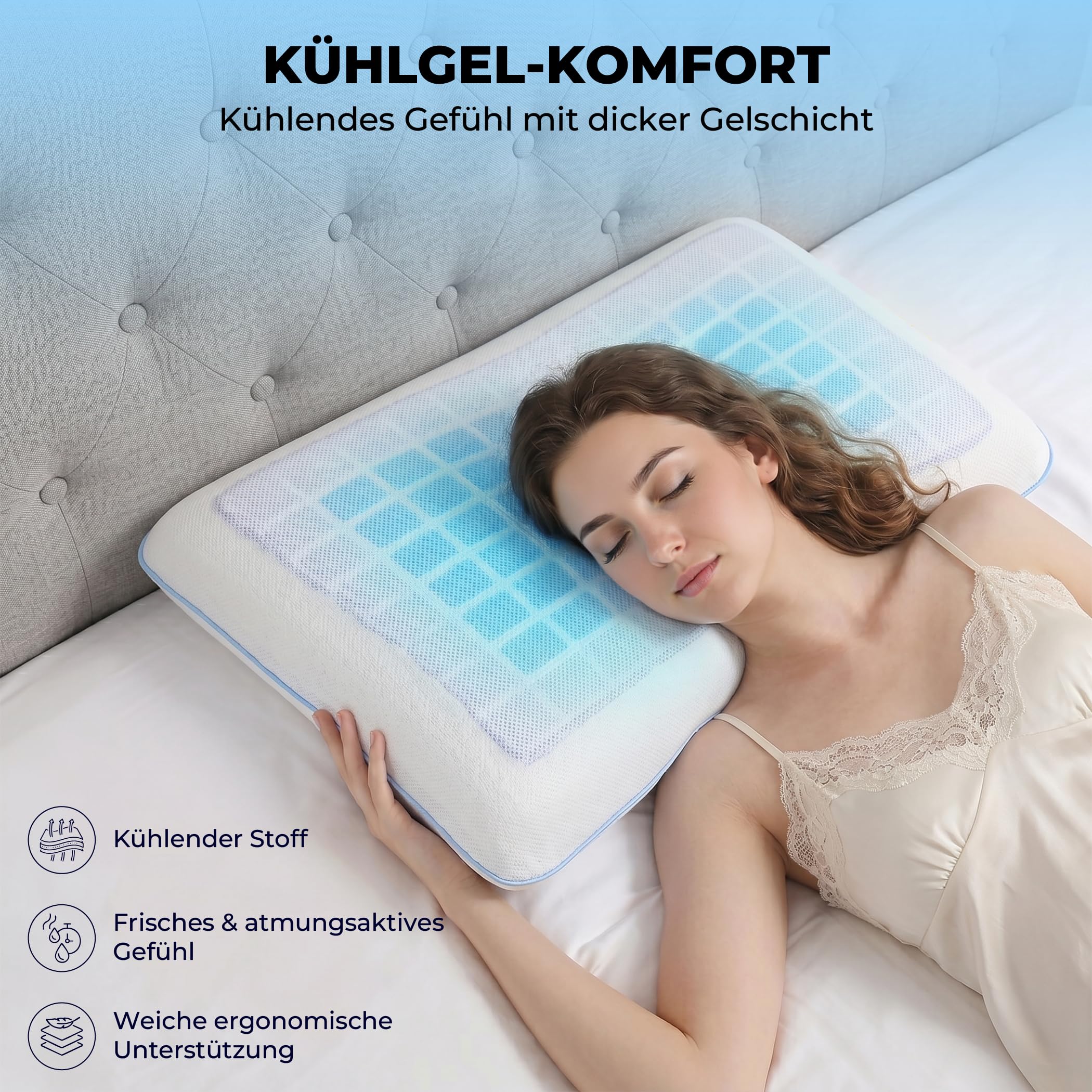 Sleep Comfy Gel-X Almohada 60 x 40 x 16 cm, almohada de espuma viscoelástica con gel refrescante, almohada ergonómica para el cuello, almohada transpirable con funda de jersey lavable, para dormir de