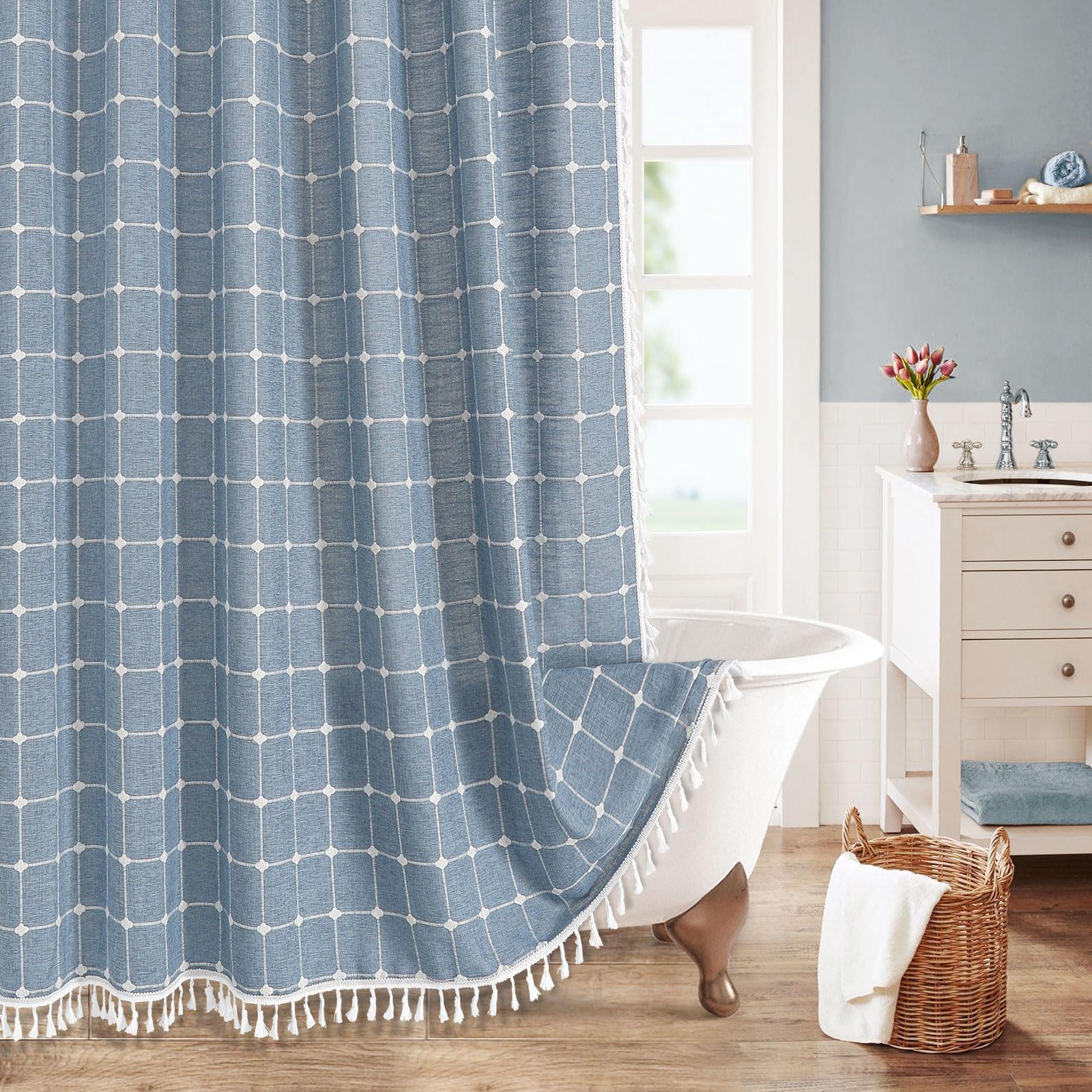 MitoVilla Blue Boho Shower Curtains for Modern Farmhouse Bathroom Decor, Vintage Country Thick Polyester Linen Fabric Shower Curtain, Rustic Tassel