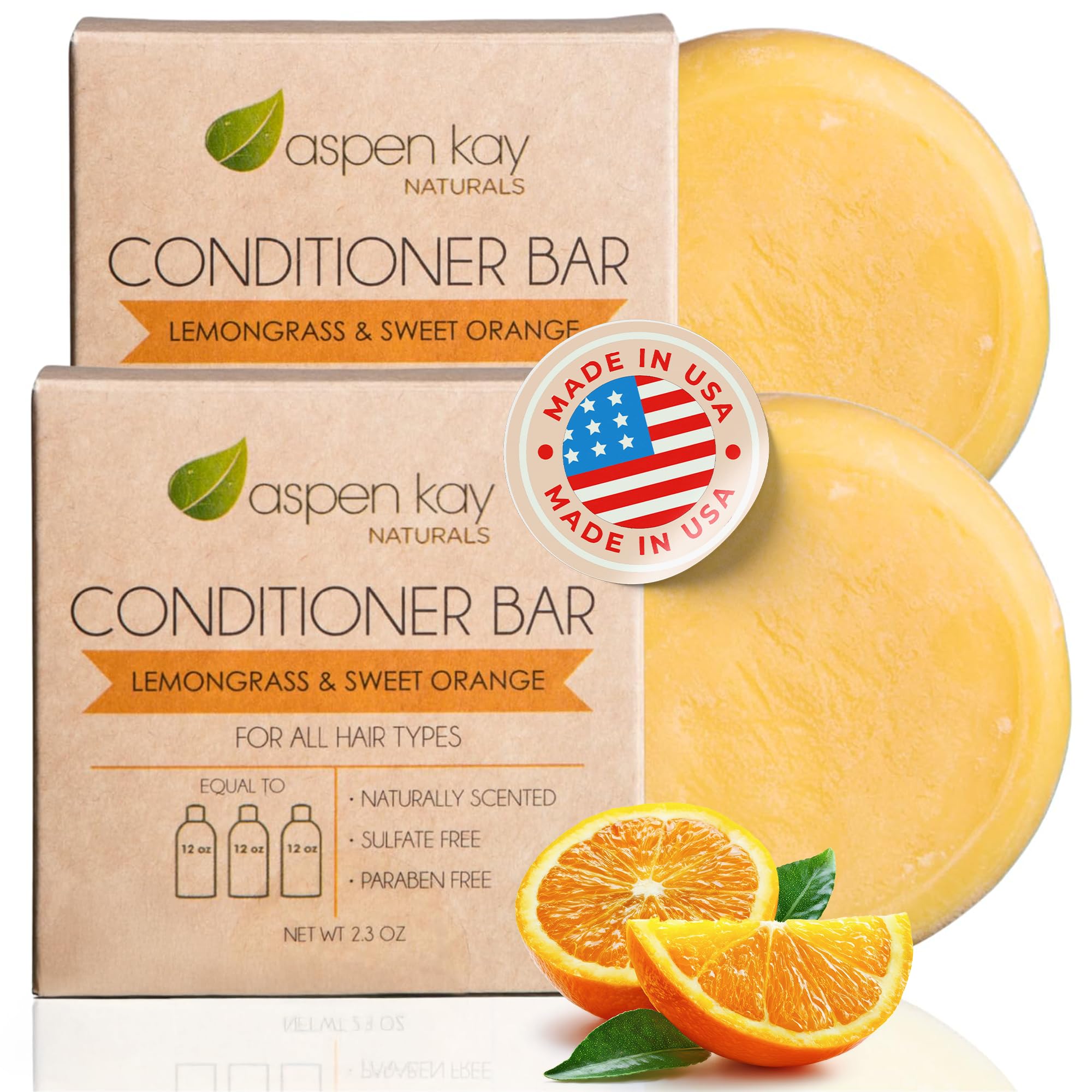 Solid Lemongrass & Sweet Orange Conditioner Bar, Natural & Organic, For All Hair Types Including Frizzy, Sulfate-Free & Cruelty-Free, 2.3 Ounce (2-Pack)