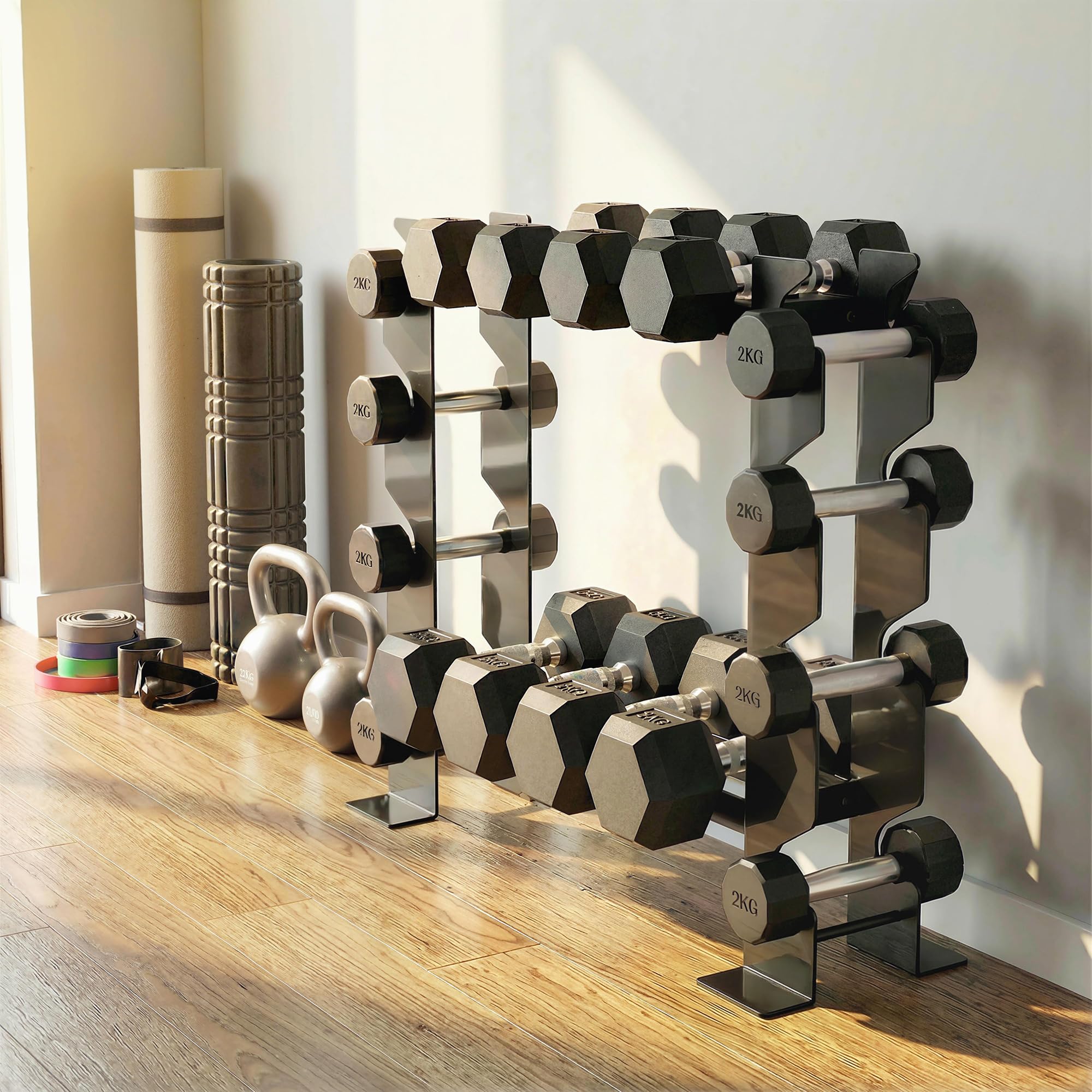 SPORTNOW Porta Pesi Palestra Casa a 4 Ripiani, Rastrelliera Manubri in Acciaio, Supporto per Manubri e Kettlebell, Salvaspazio per Palestra Domestica, Capacità 200 Kg, Nero