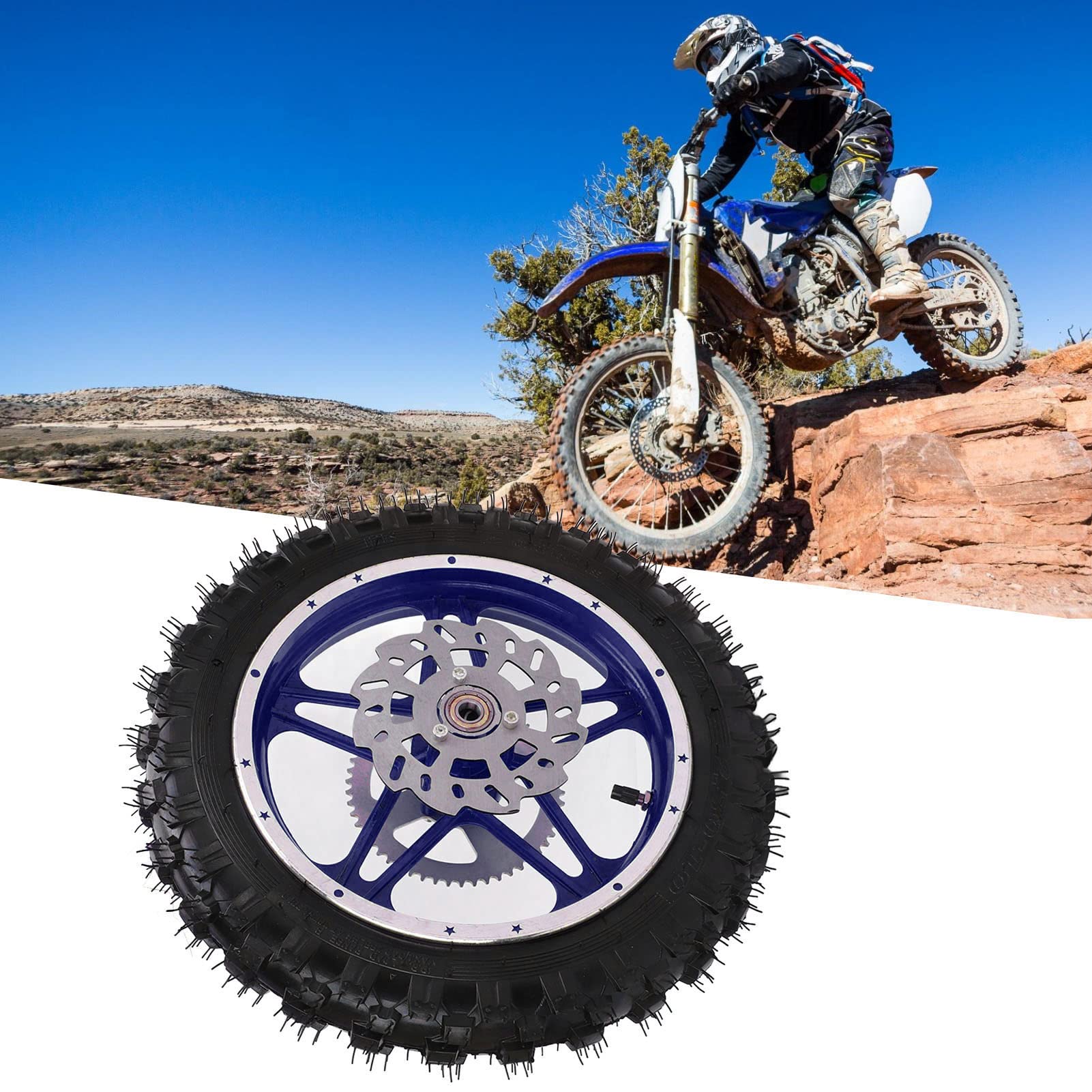 Ensemble de Roue Arrière de 2,5 à 10 Pouces avec Pneu Antidérapant pour Moto Tout-terrain, Dirt Pit Bike, Bleu