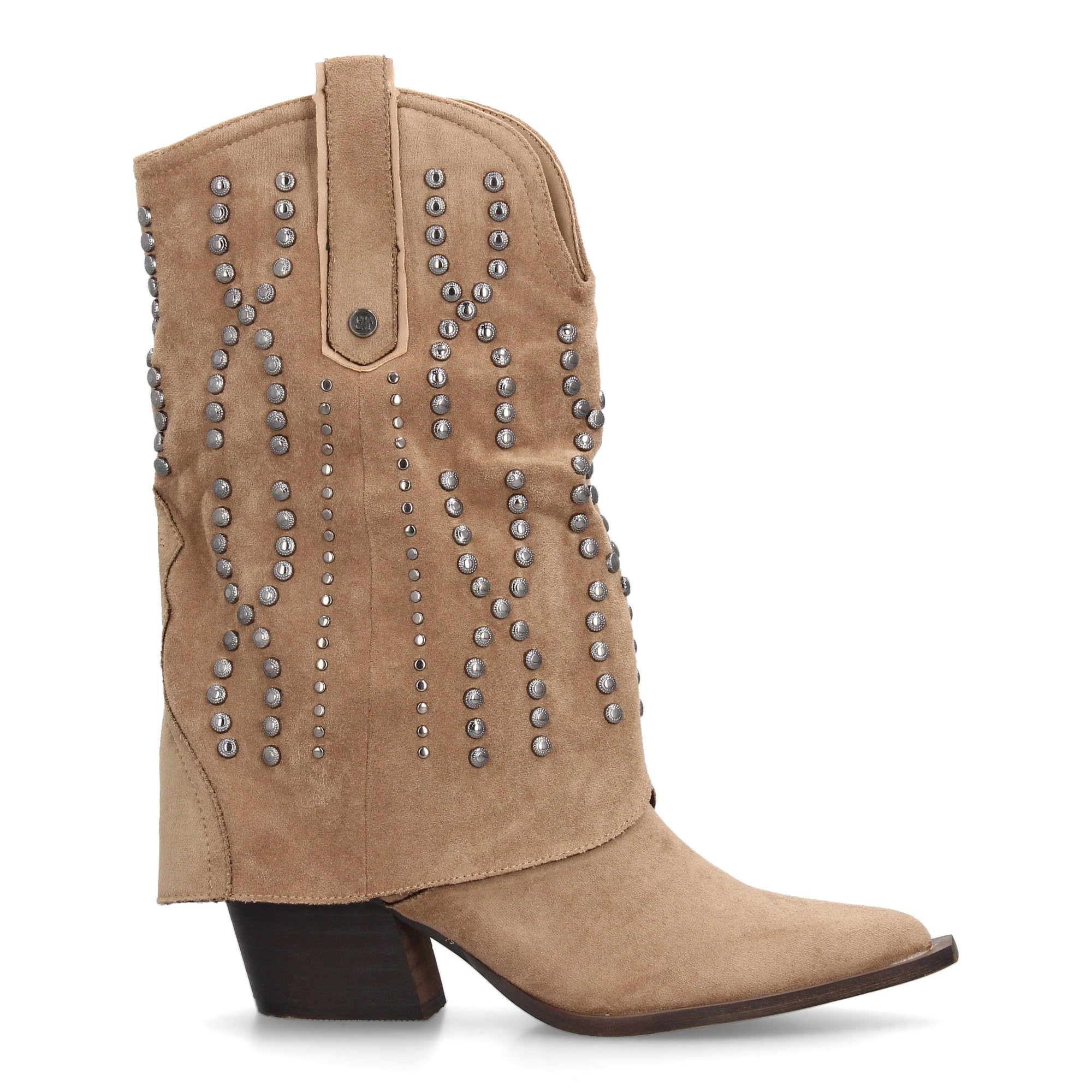 Botin Cowboy para Mujer con Diseno campero. Tachuelas metalicas, Punta Fina y Tacon. Ideal para la Temporada Otono Invierno.