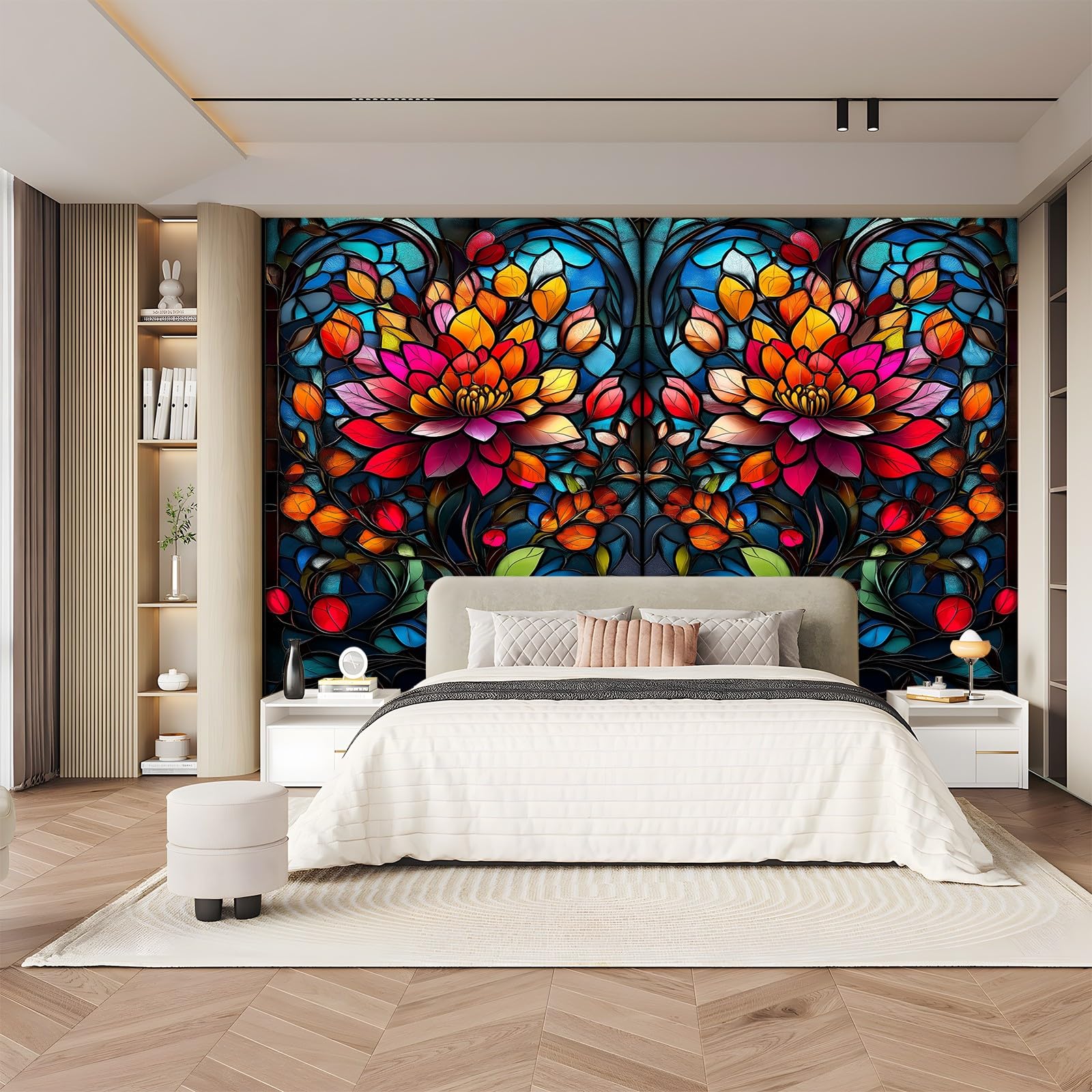 Panoramiczna tapeta witraż kwiaty kolor czarny 300 x 210 cm (szer. x wys.), panoramiczna gigantyczna tapeta 3D salon sypialnia jadalnia pokój dziecięcy dekoracje ścienne z włókniny