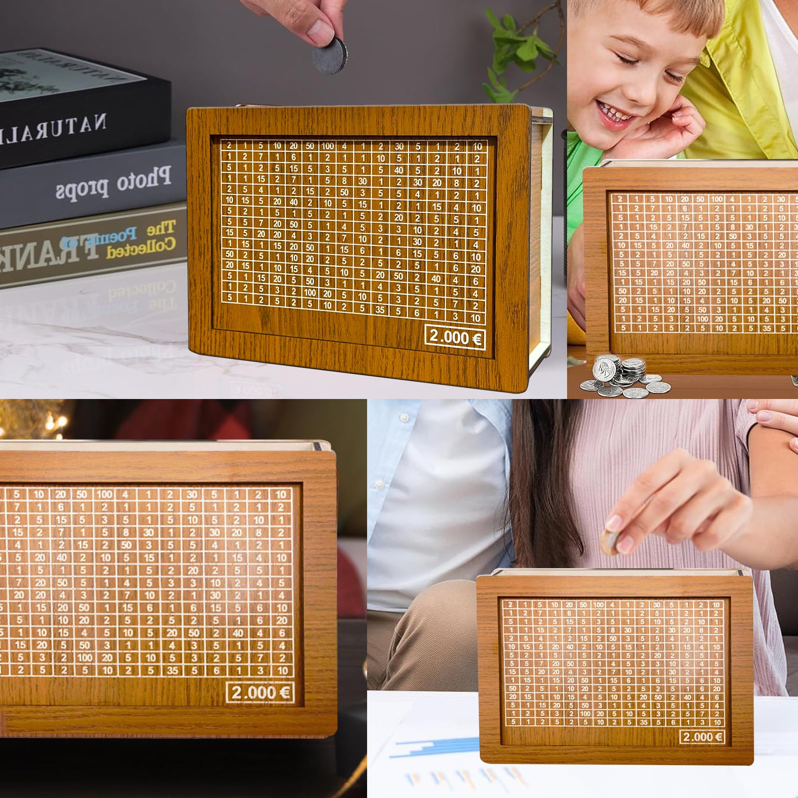 Lithyc Huchas - Hucha de Monedas de Madera - Huchas Reutilizables,Apto para Adultos y NiñOs, con Objetivos de Ahorro y Hucha Digital Marcable (2000€)