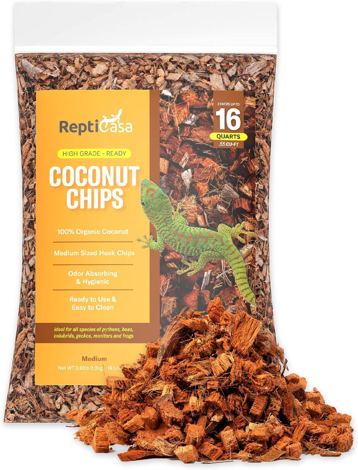 Organic Coconut Chips Substrate Clean & Ready to Use for Reptiles, Snakes, Tortoise, and Amphibians, Natural Fiber Free Husks, Clean Breeding and Bedding Flooring, Odor Absorbing - 16 Quarts