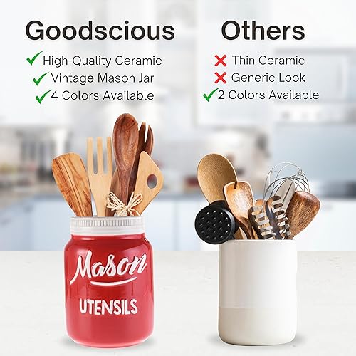 Miniatura 5 de Soporte para utensilios de cocina con tarro de masón rojo para encimera de cocina, cerámica rústica para cucharas, espátulas y herramientas