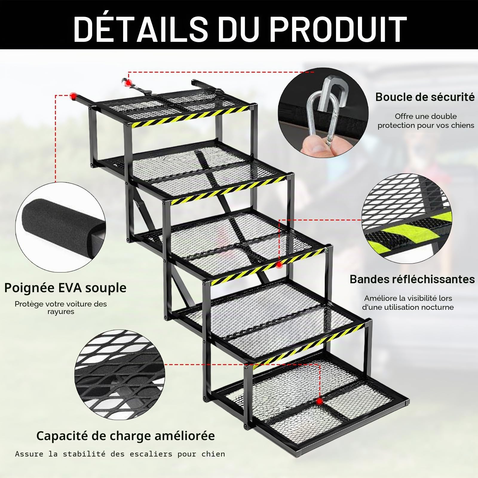 Rampe pour Chien Pliante 5 Marches Antidérapante pour Voiture SUV Camion Hauteur Réglable 35-90cm Support 100kg