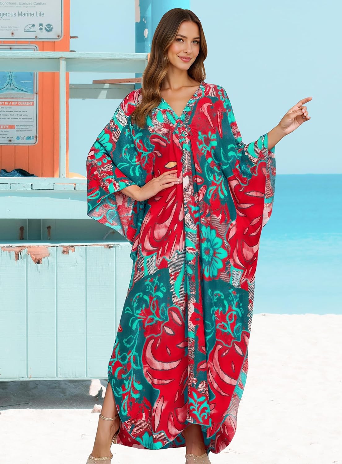 Women Kaftan Dresses Plus Size V-Neck Batwing Sleeves Beach Cover Up 2025 Summer Floral Print Caftan Dress - Image 6