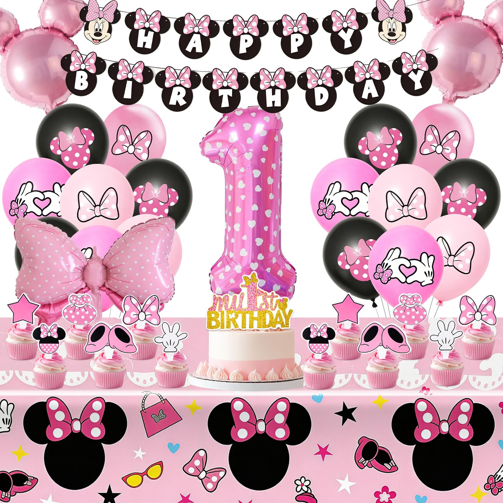 Mouse Birthday Party Decorations, Pink Mouse 1st Birthday Party Supplies, Girl Party Decorations Includes Happy Birthday Banner, Cake Cupcake Toppers, Tablecloth, Bow Foil Balloon, Latex Balloons
