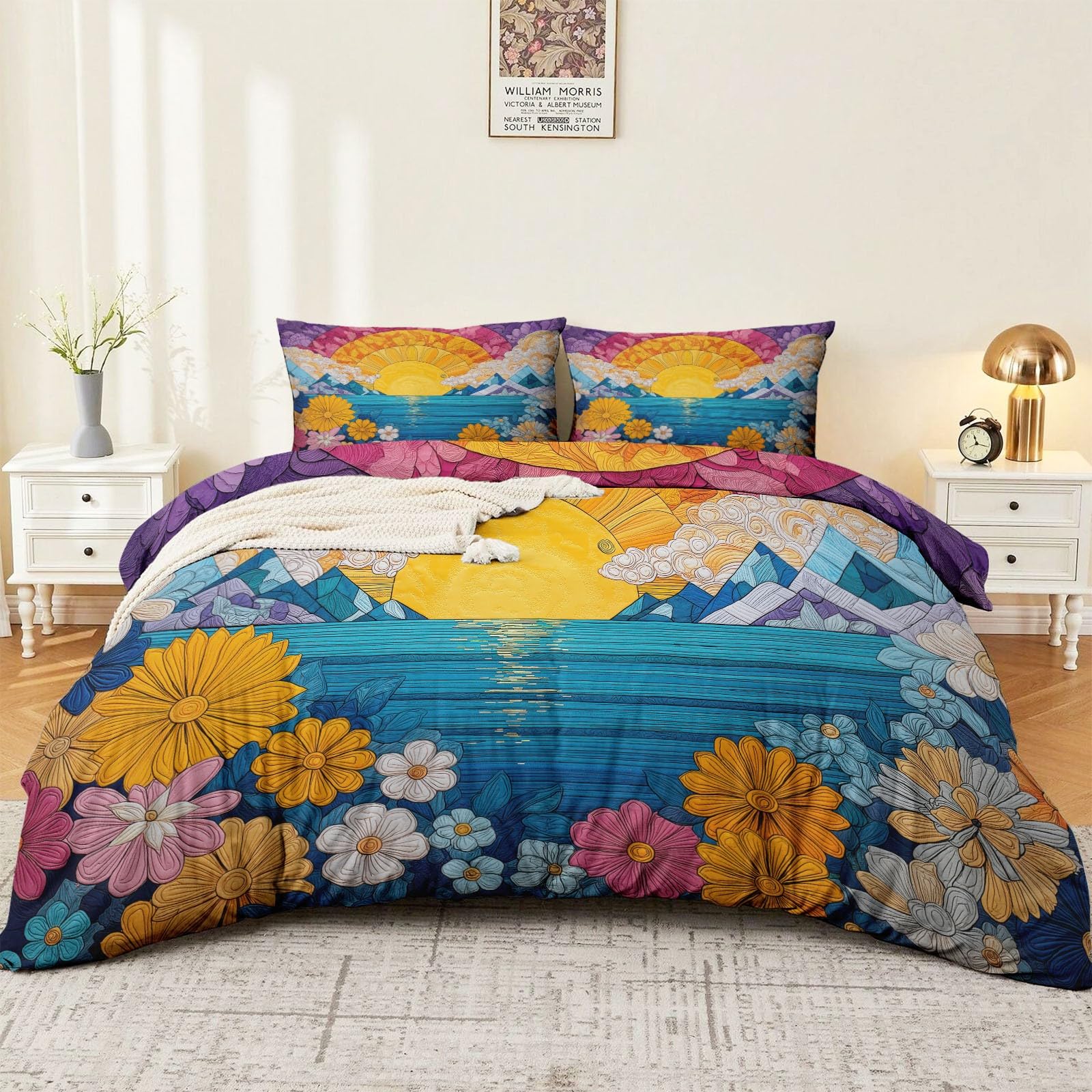 Housse de couette 200x200 de style art déco au design raffiné de lever de soleil marin