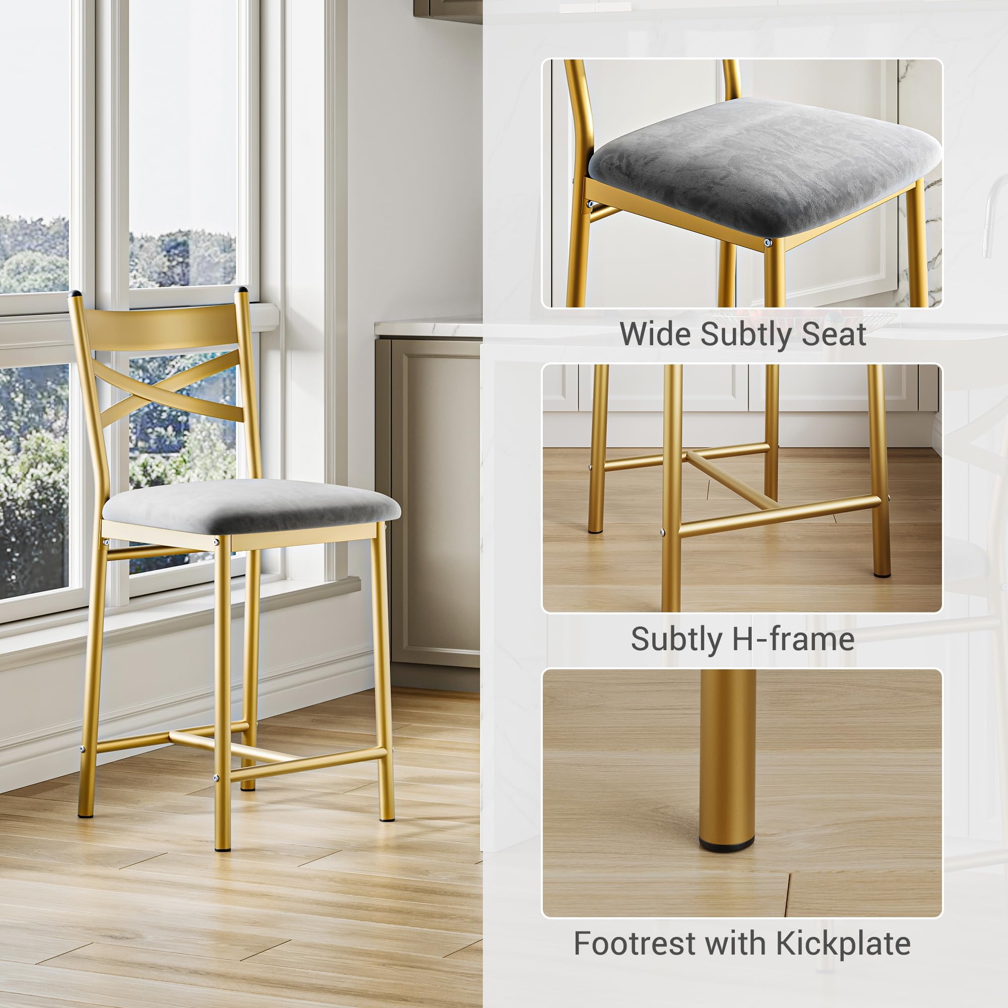 Garvee Taburete Alto Industrial Dorado con Respaldo y Asiento Acolchado, tapizado Moderno y cómodo para Cocina, Barra, Comedor o apartamento, Set de 2, 66 cm (26 Pulgadas)