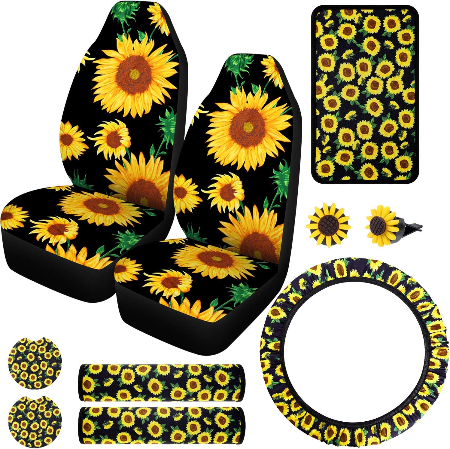 10 Pieces Green Leaf Sunflower Car Accessories Set, Included Sunflower Printed Car Front Seat Covers, Steering Wheel Cover, Car Cup Holder Coasters, Sunflower Car Vent Clips and Center Console Armrest