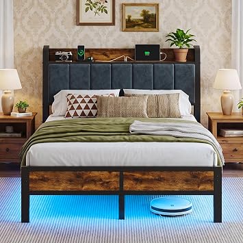 Full Size Bed Frame with Smart LED Lights and Charging Station