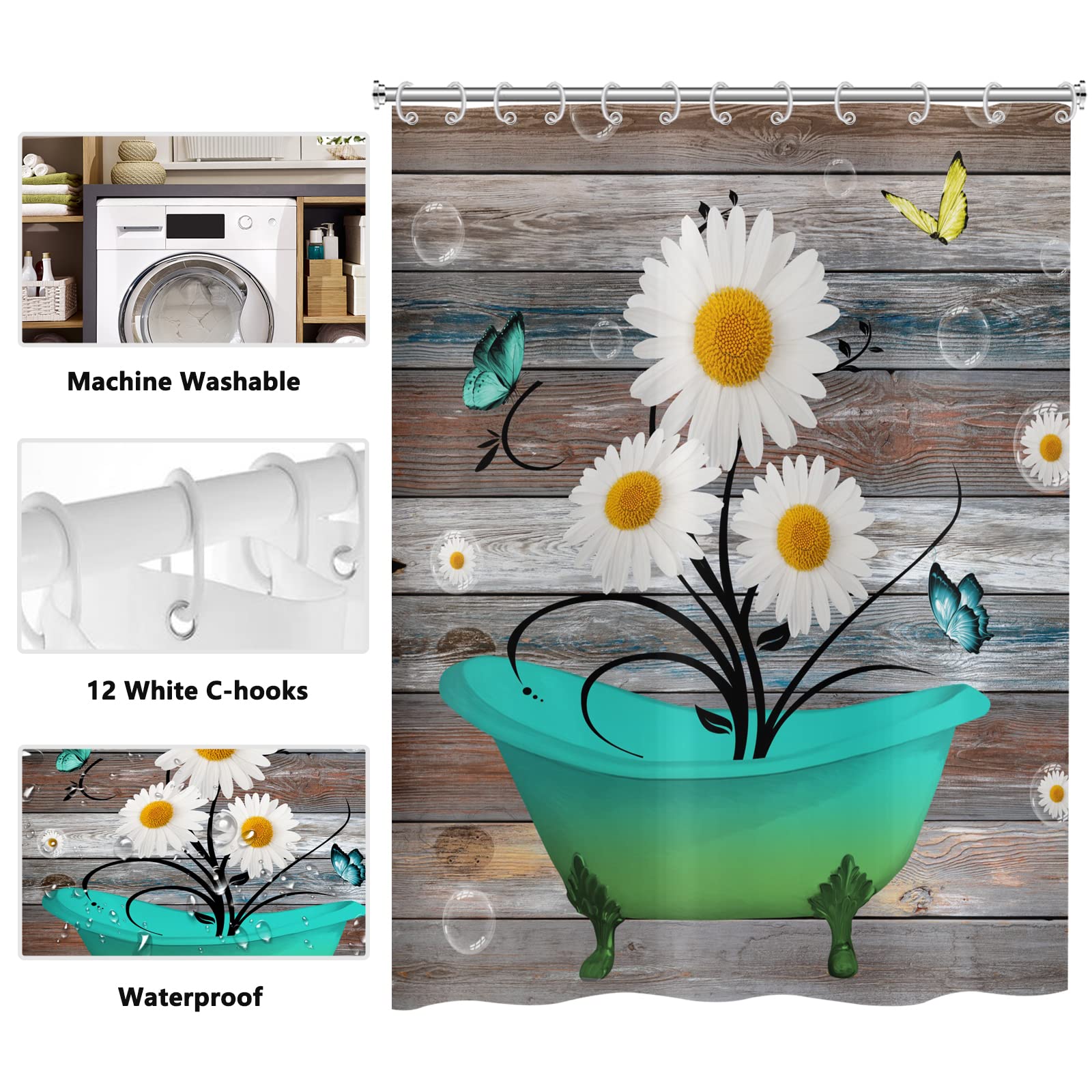 Culudea Duschvorhang Ohne Haken – Vintage-Blumen, Doppellagig Wasserdicht, Mit Netzfenster, 180 X 188 Cm
