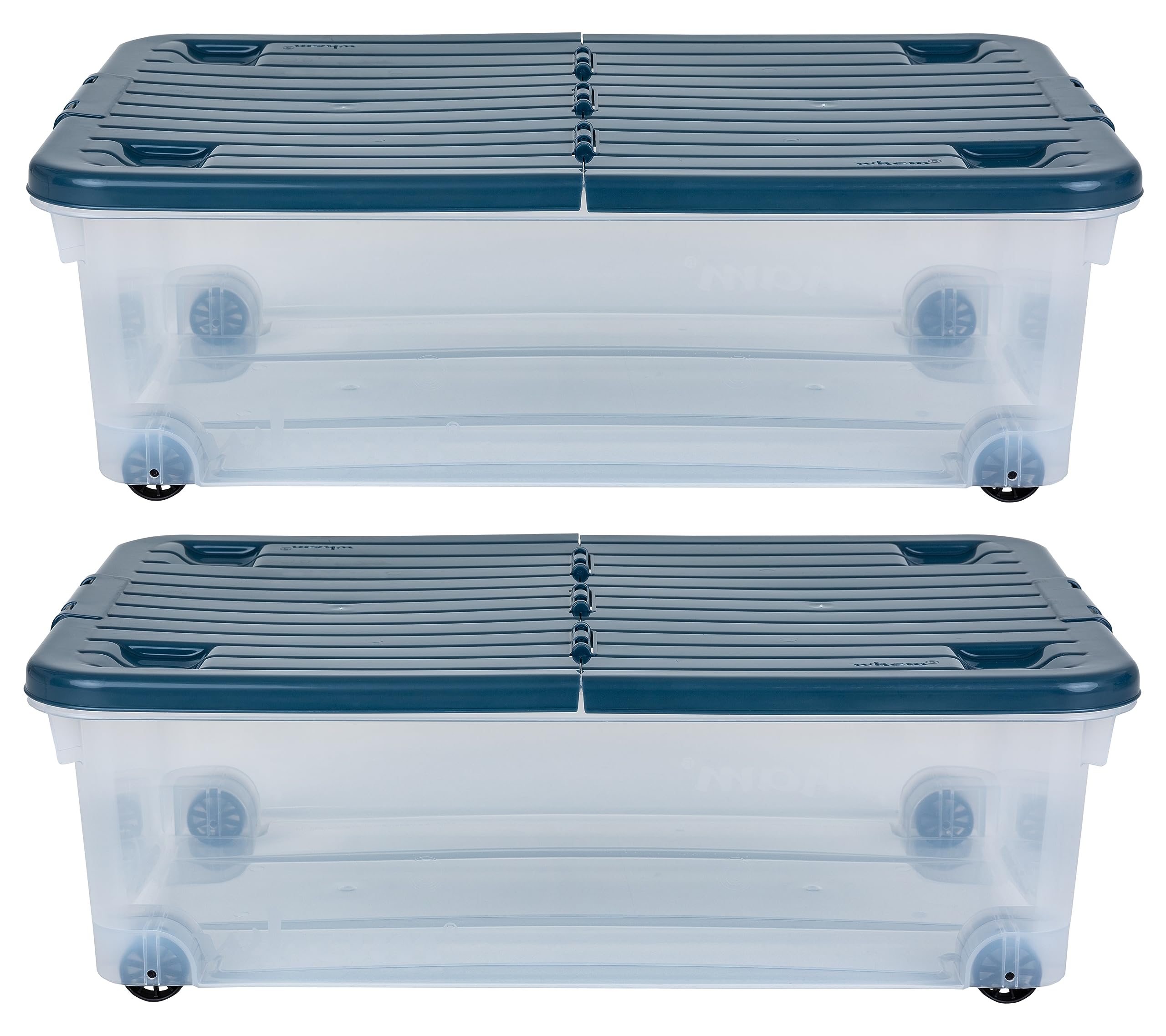 Muddy Hands Pack of 2-32 Litre Large Clear Plastic Storage Boxes with Lids & Wheels Under Bed Stackable Containers - Length: 60cm - Width: 40cm - Height: 18.5cm