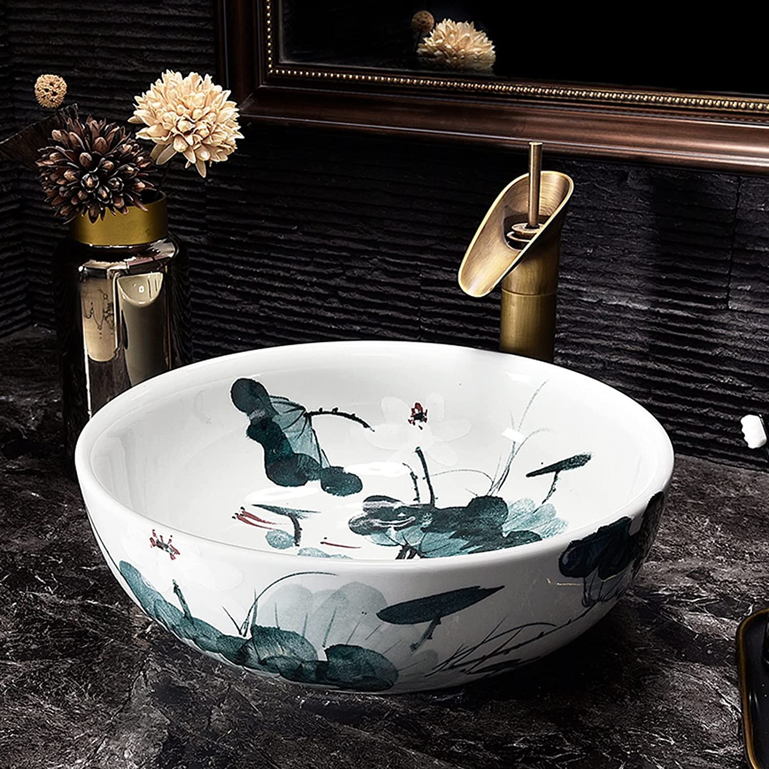 Ceramiczna Umywalka Łazienkowa, Umywalka Ceramiczna, Umywalka Nablatowa, Okrągła, Niebiesko-Biała, Porcelanowa, Artystyczna, Umywalka Nablatowa Z Liściem Lotosu, Lotus Pa