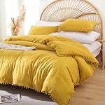 YIRDDEO Full Size Comforter Sets - Full Size Comforter with Ball Pom Fringe, Soft Bedding Set for All Seasons - 3 Pieces, 1 Comforter (79"x90") & 2 Pillow Shams(20"x26"), Mustard Yellow