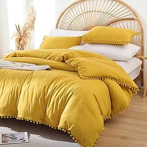 YIRDDEO Full Size Comforter Sets - Full Size Comforter with Ball Pom Fringe, Soft Bedding Set for All Seasons - 3 Pieces, 1 Comforter (79"x90") & 2 Pillow Shams(20"x26"), Mustard Yellow