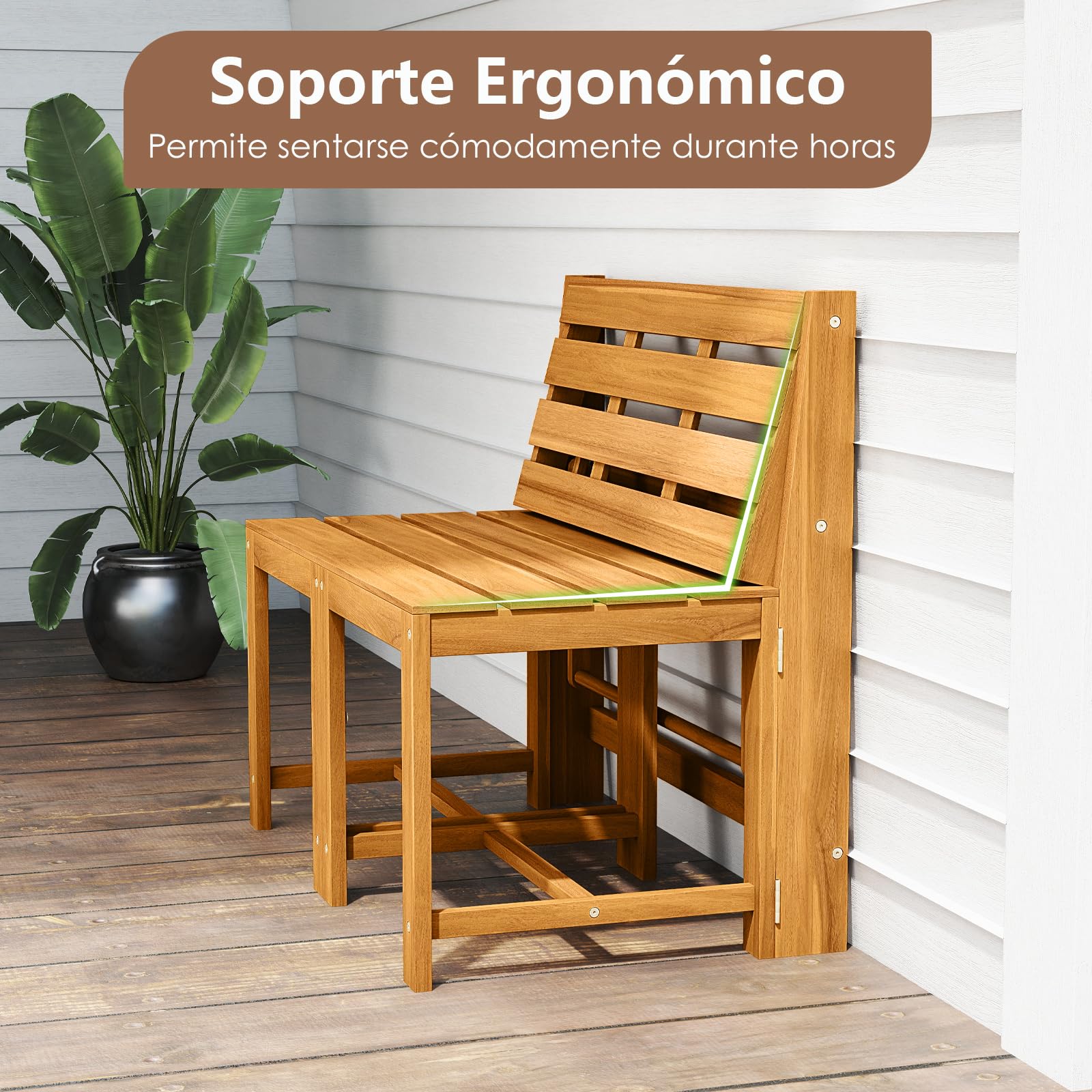 COSTWAY Banco de Exterior Convertible, Banco de Madera de Acacia Multifuncional 3 en 1, Conjunto de Mesa y Sillas con Asientos de Listones, Estante de Plantas de 2 Niveles para Patio Terraza Jardín