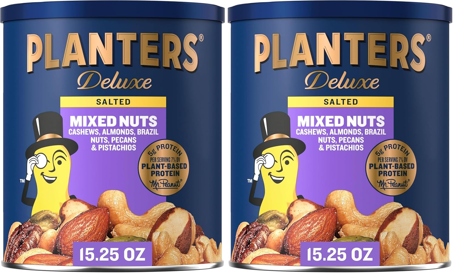 PLANTERS Deluxe Mixed Nuts - Roasted Cashews, Almonds, Brazil Nuts, Pistachios, and Pecans, Plant-Based Protein, Quick Snack, 15.25oz Canister (Pack of 2)