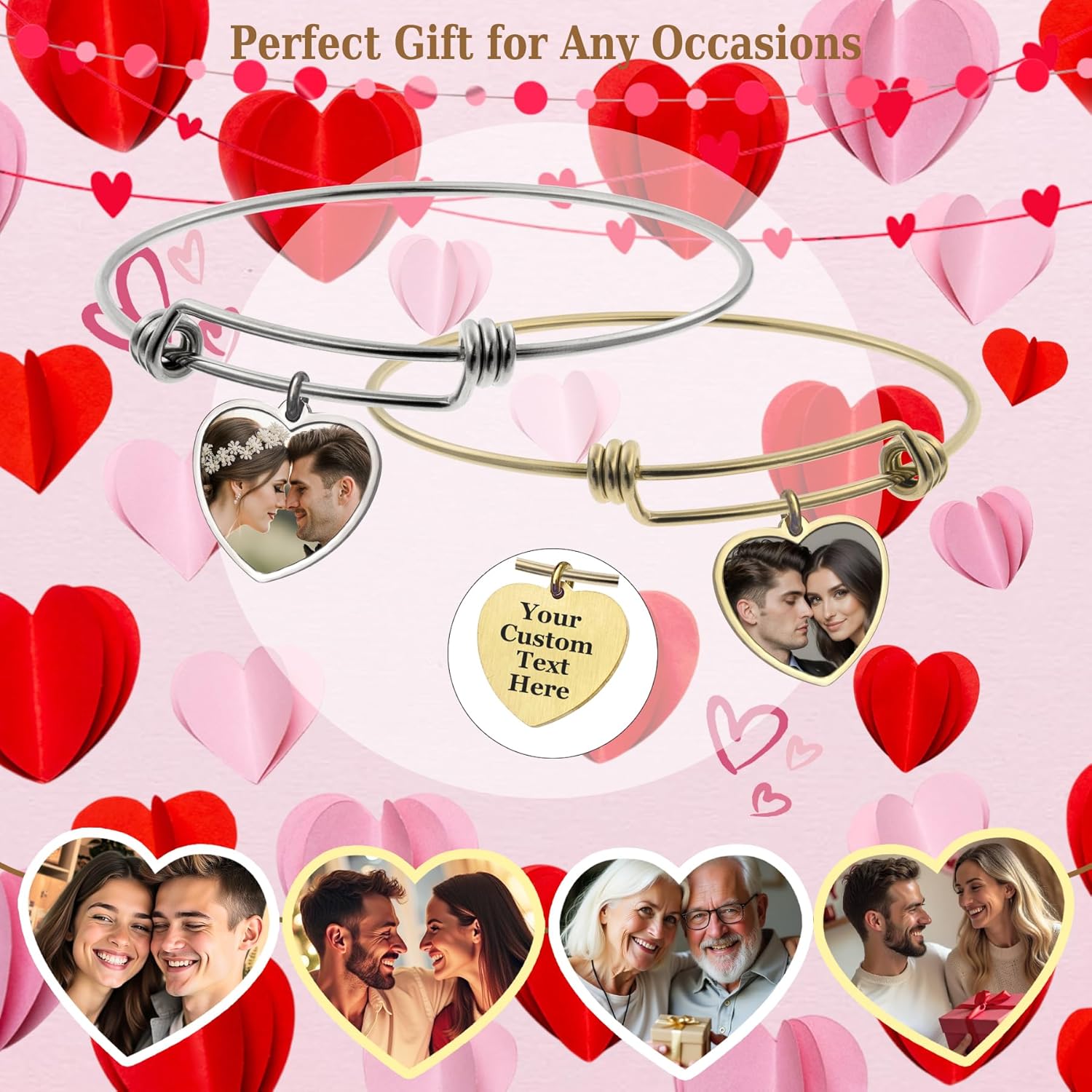 Dreambell Love You to The Moon and Back Personalized Fingerprint Photo Engrave Dangle Charm Adjustable Wire Bangle Bracelet Inspirational Gift