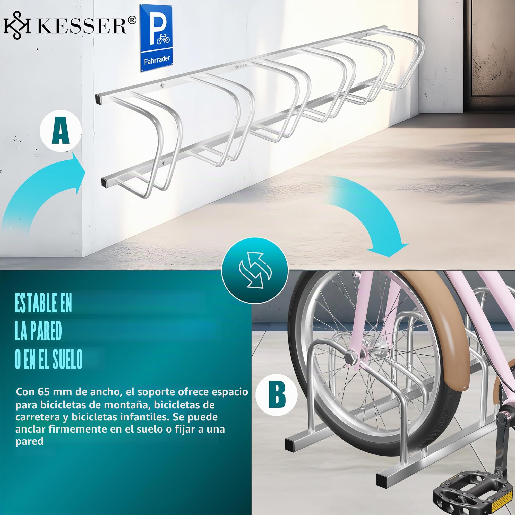KESSER® Soporte para Bicicleta con Placa de Aparcamiento, Soporte múltiple con Distancia de Rueda de 37 cm para neumáticos de 30 – 65 mm,