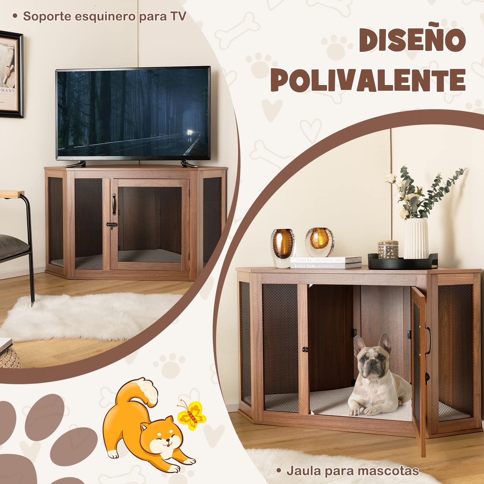 COSTWAY Mueble de Esquina para Mascotas, Casa para Perros con Puerta de Malla y Cojín, Jaula para Perros con Estilo de Mueble para Uso Interior, Casa Decorativa para Mascotas para Habitaciones