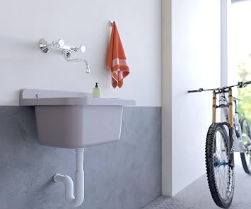 Negrari AM2051G Wall Sink in Resin, Weather Resistant, Supplied with Fixing Kit and Drain Kit, for Outdoor 50 x 34 x 21 cm, Concrete Grey