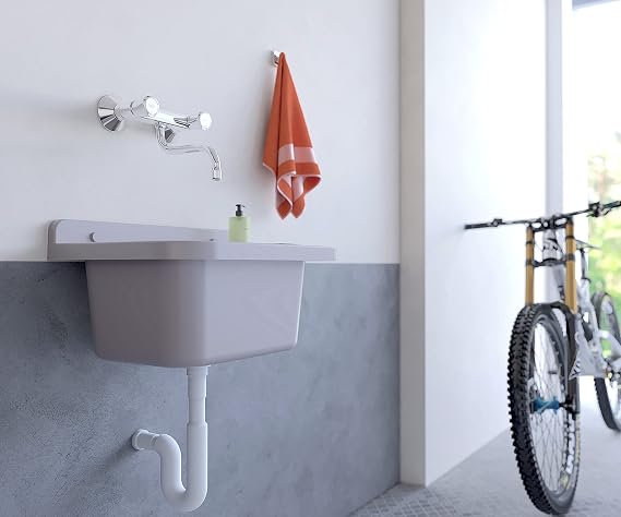 Negrari AM2051G Wall Sink in Resin, Weather Resistant, Supplied with Fixing Kit and Drain Kit, for Outdoor 50 x 34 x 21 cm, Concrete Grey