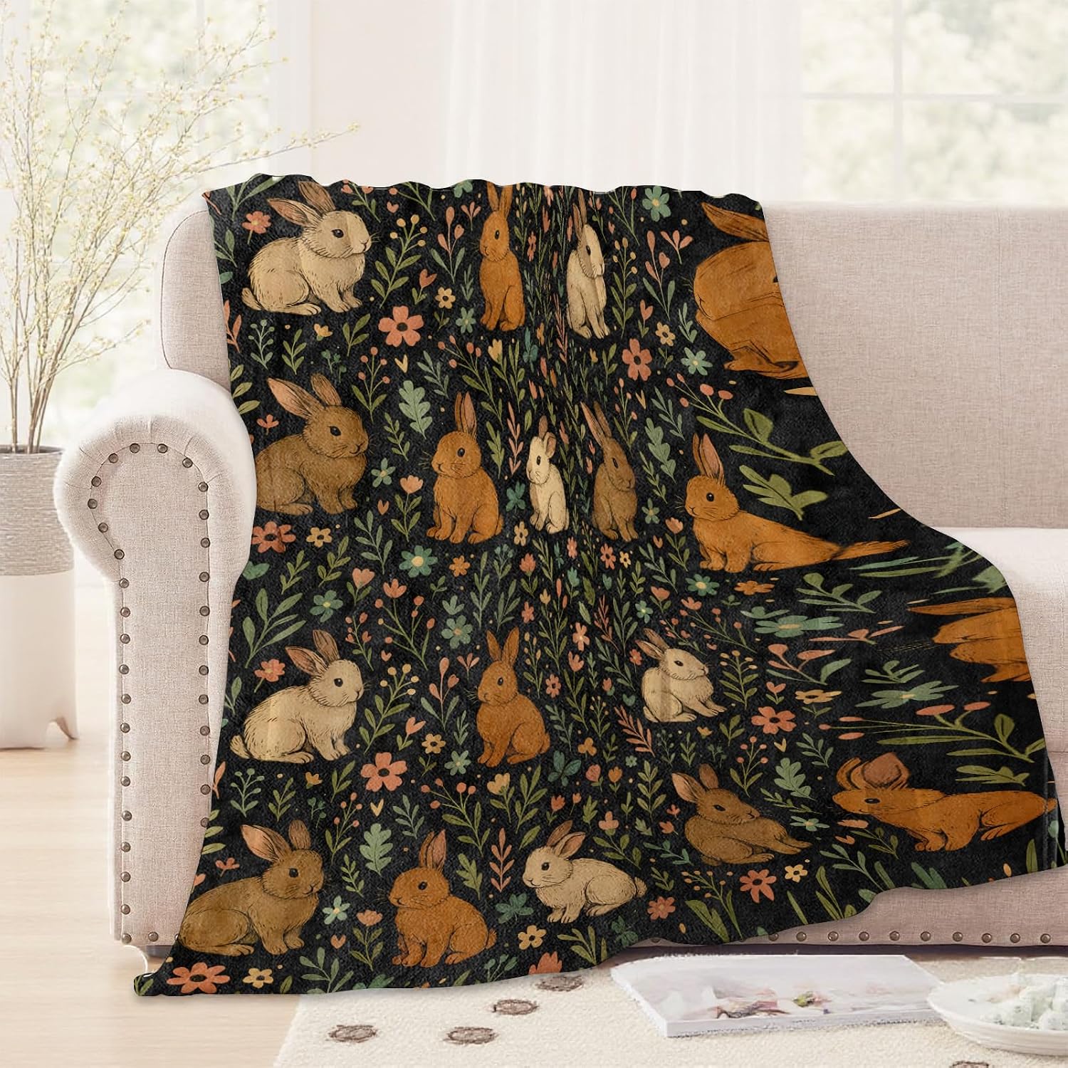 Adorable Bunny Blanket,50x60in,Cozy Flannel Throw with Brown and Cream Rabbit Wildflower on Black Design,Soft Lightweight Gifts Blankets for Women,Sofa Bed Travel Spring Woodland Decor