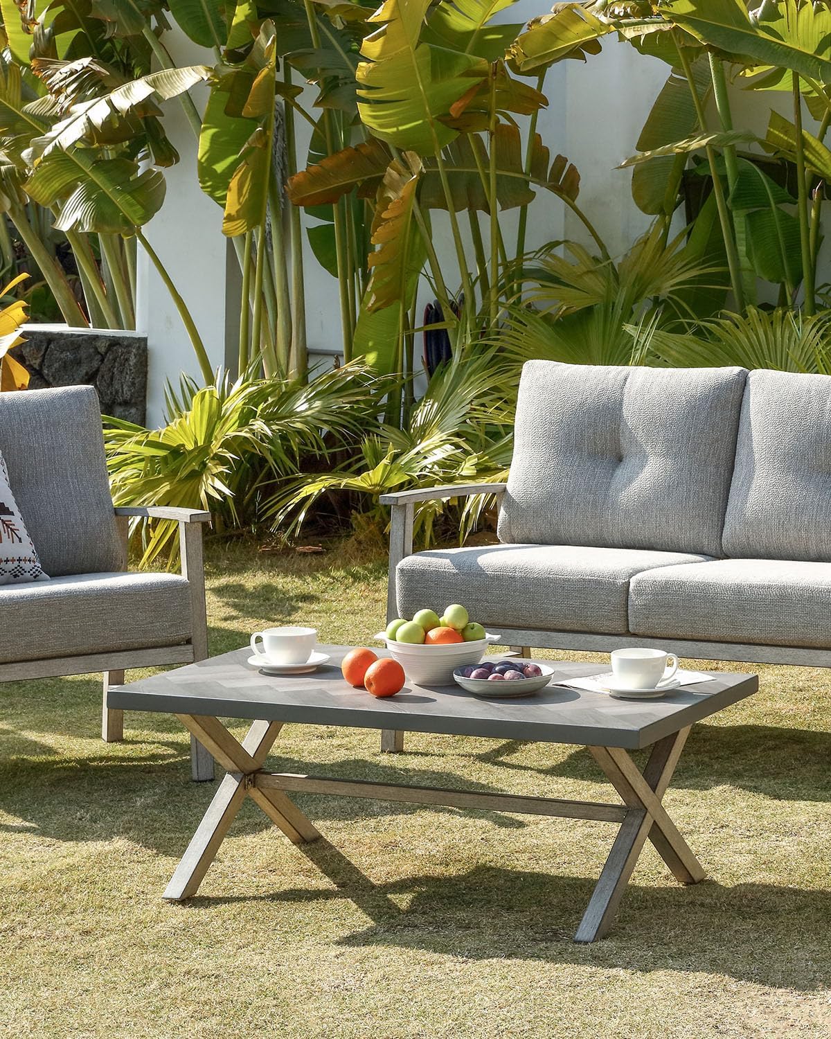 Aluminum Outdoor Coffee Table, Never Rusts Rectangle Patio Coffee Table with Resin Tabletop, Aluminum Outdoor Furniture Coffee Table for Patio, Poolside, Garden, Balcony, White Oak