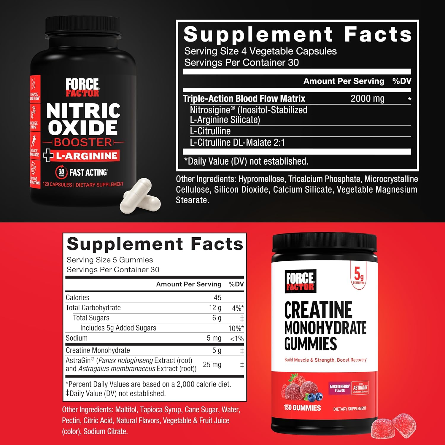 Force Factor Creatine Gummies, 5 Grams Creatine Monohydrate, Mixed Berry, 150 Gummies, 30 Servings Nitric Oxide Booster, Fast-Acting Formula with L-Arginine, 120 Capsules