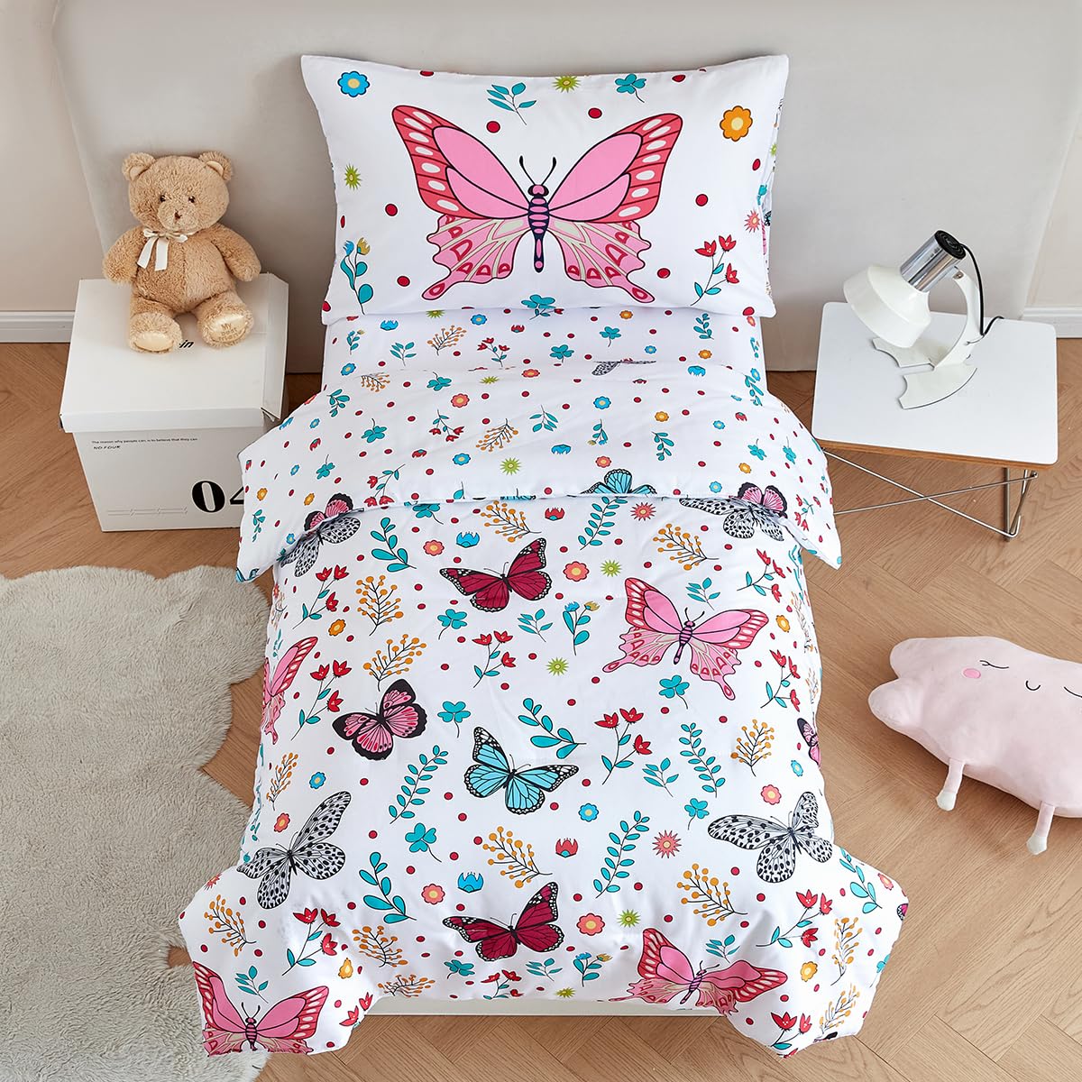 STYHO White Toddler Bedding Set Girls Butterfly Printed Duvet Cover Soft Reversible Colorful Floral Cot Bed Duvet Cover Set for All Seasons(Butterfly - Image 4