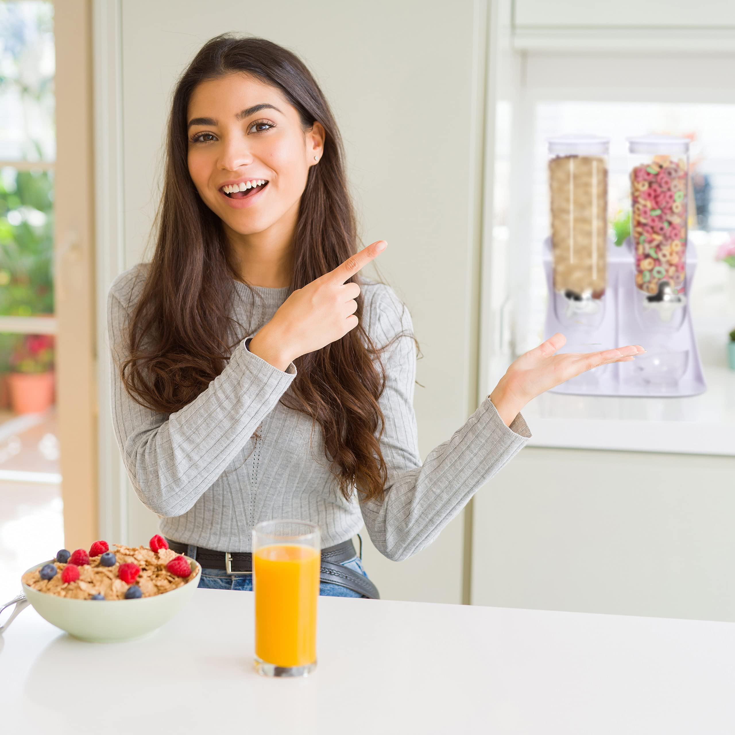 Relaxdays Dispenser Cereali Doppio, Distributore per Corn Flakes, Cioccolatini, Nocciole e Dolcetti, in Plastica, Bianco