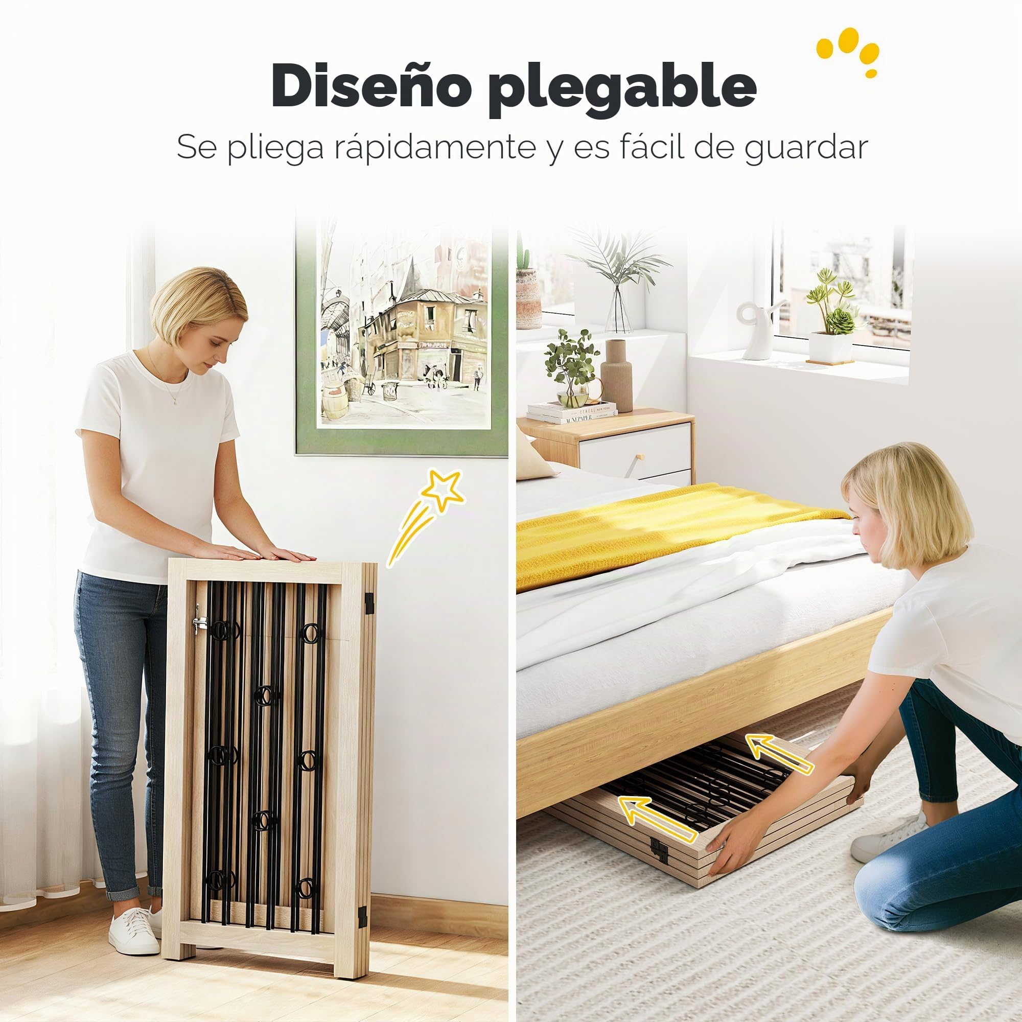 PawHut - Rejilla de protección para perros independiente, HxAn: 91,5 x 205 cm Rejilla plegable para perros con 2 patas de apoyo, puerta con cerradura, rejilla para mascotas para cocina, chimenea