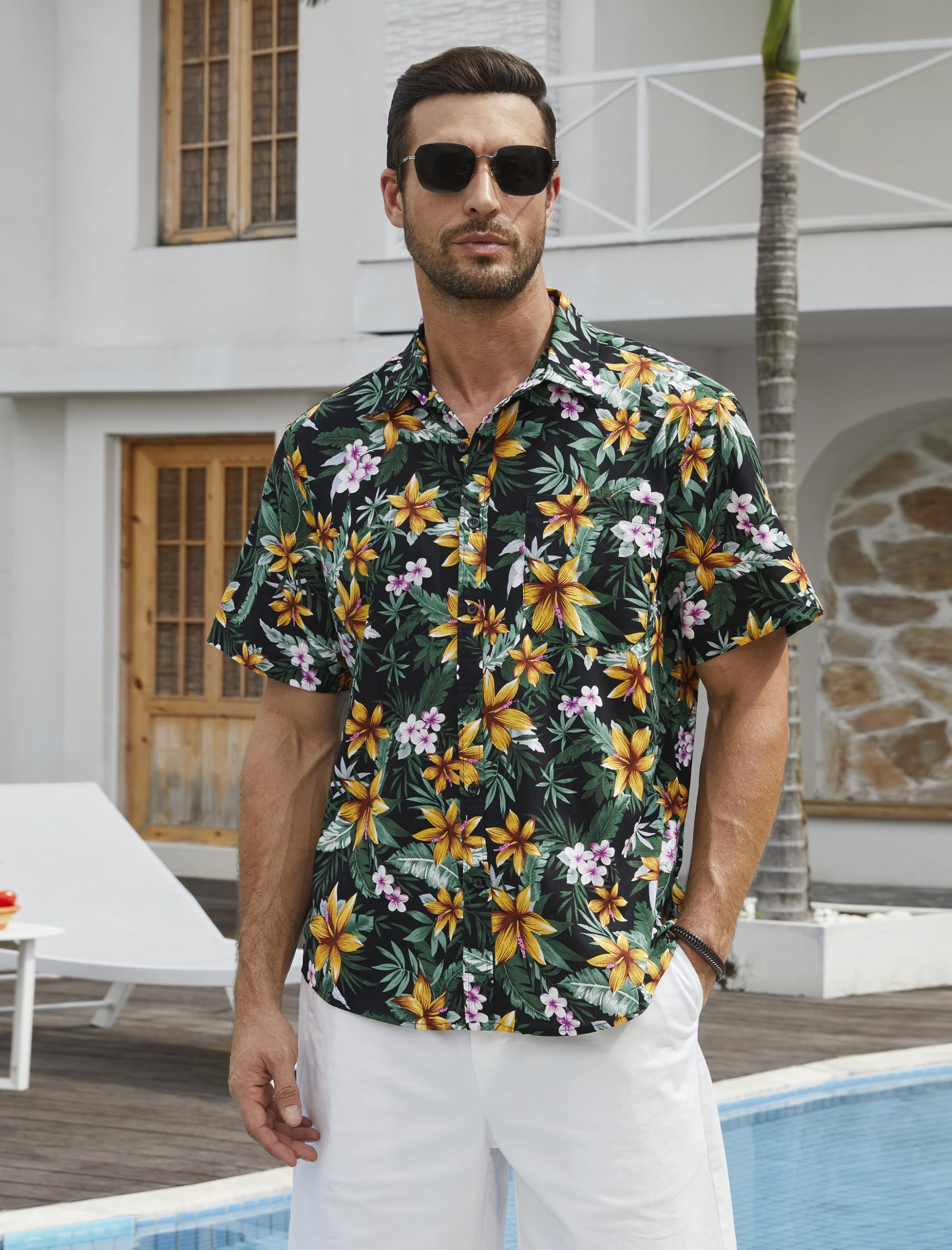 HISDERN Camisa Aloha Hawaiana Manga Corta Bolsillo Delantero Impreso Playa S-2XL