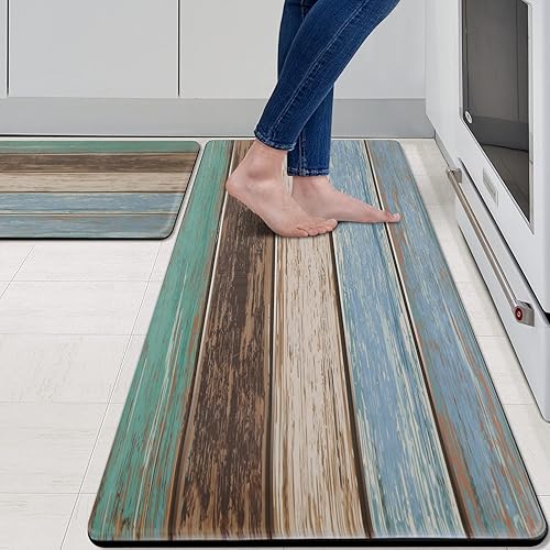 MAYHMYO - Juego de alfombras y tapetes de cocina de 2 piezas, estilo granja antifatiga color azul verdoso, con textura de madera rústica retro, de