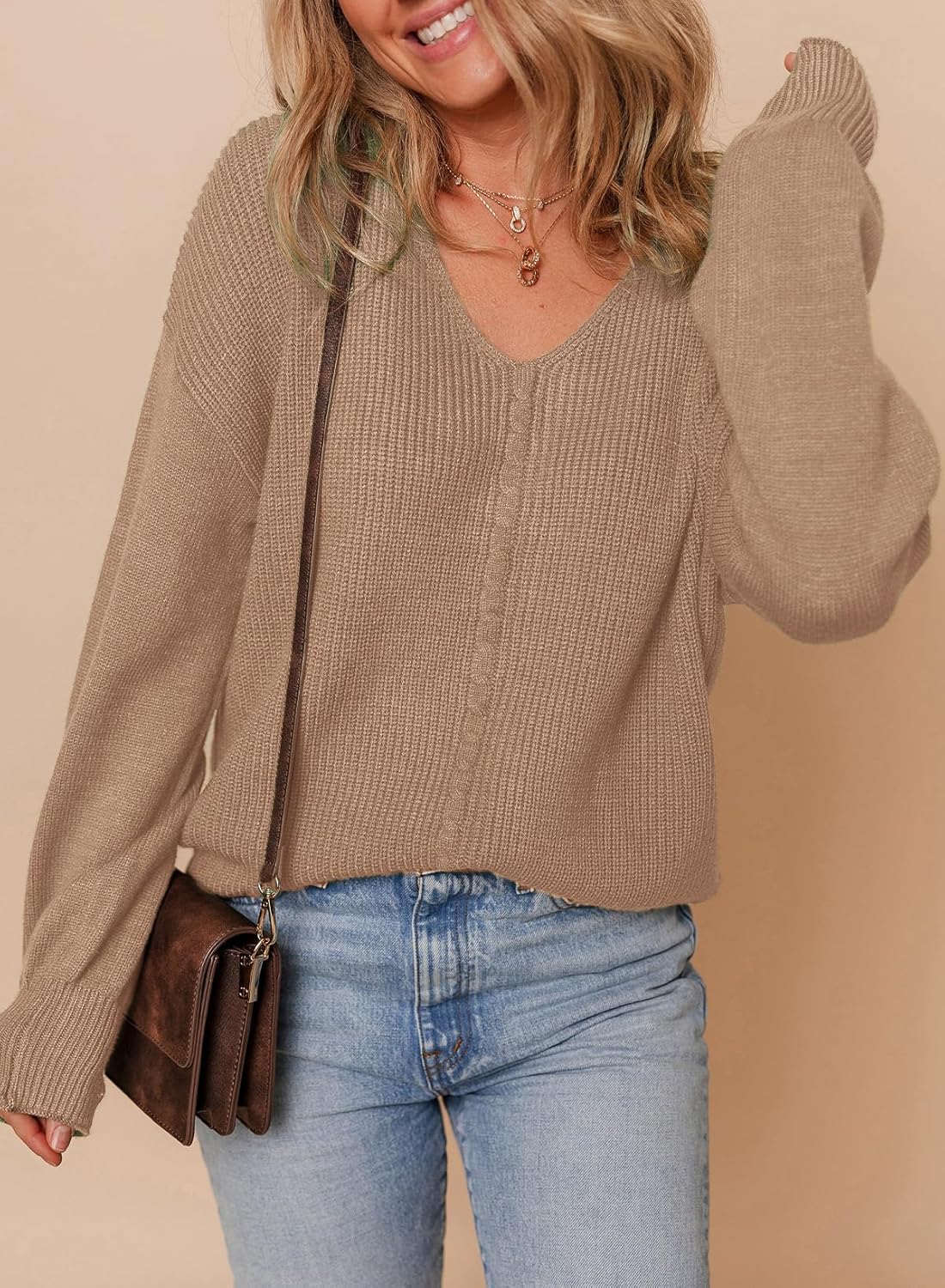 Dokotoo Women's Casual V Neck Sweaters Long Sleeve Pullover Sweater Knit Jumper Tops - Image 3