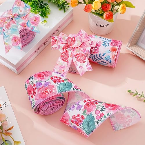 Miniatura 5 de 5 rollos de cinta floral para primavera y verano con borde con alambre, 2.5 pulgadas, flores rosas, cinta para manualidades para envolver regalos,