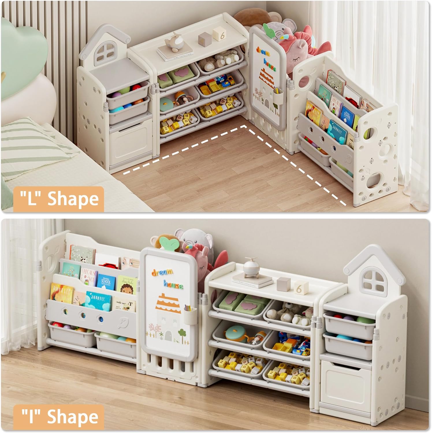 Kids Toy Storage Organizer with 10 Removable Bins, Foldable Toy Organizers and Storage with 3-Tier Bookshelf for Kids Toy Storage Organizer with Drawing Board, Extra 3 Brushes (4 In 1 Off-white)