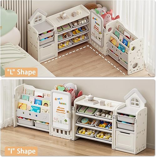 Miniatura 8 de Organizador de almacenamiento de juguetes para niños con 10 cubos extraíbles, organizadores de juguetes plegables y almacenamiento con estantería de