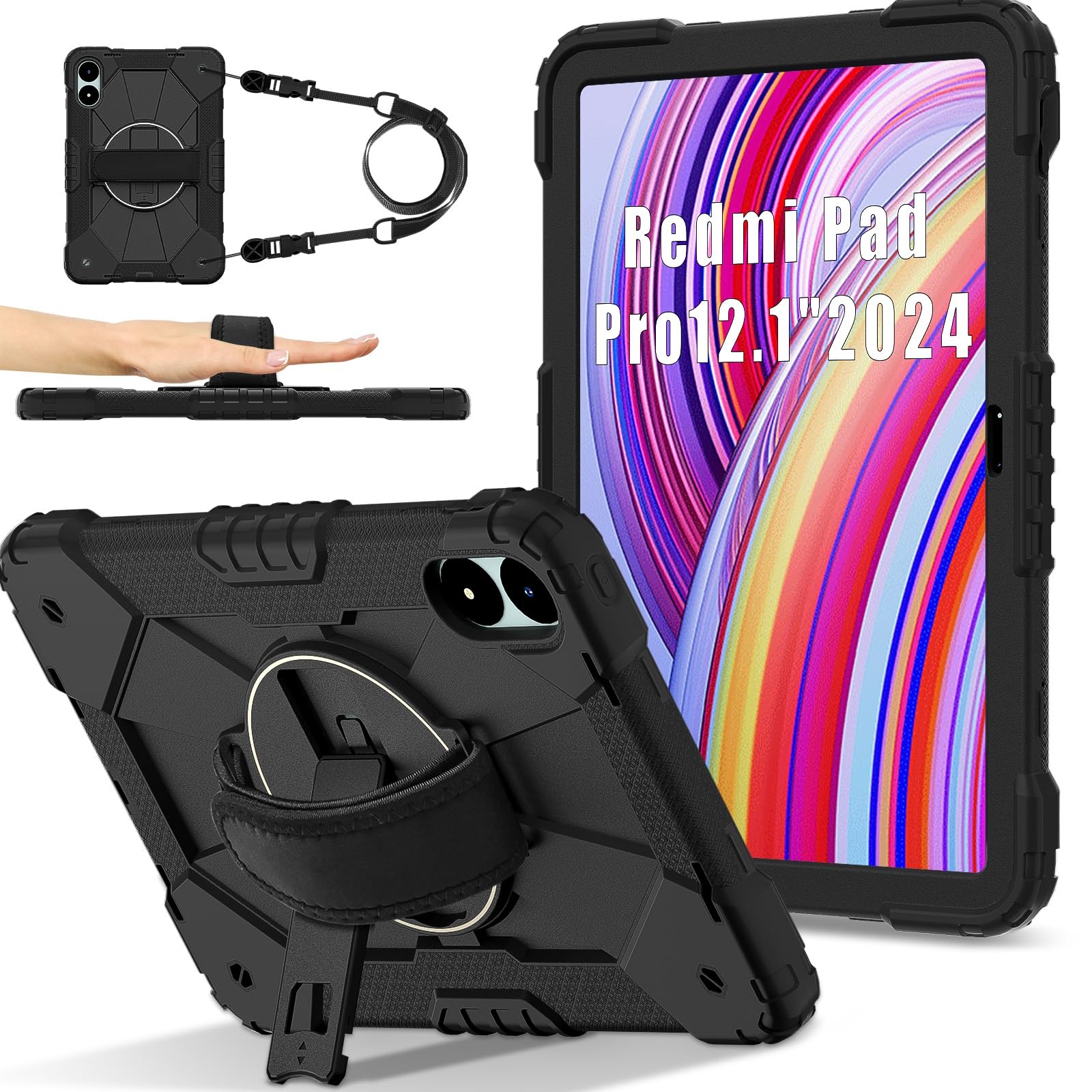 Kompatybilny z Xiaomi Poco Pad 12.1 2024/Redmi Pro Etui dla dzieci odporne na wstrząsy, [podpórka] [pasek ramię] Obrotowy o 360 stopni pasek rękę Uchwyt stojaka Wytrzymała, solidna obudowa(Noir)