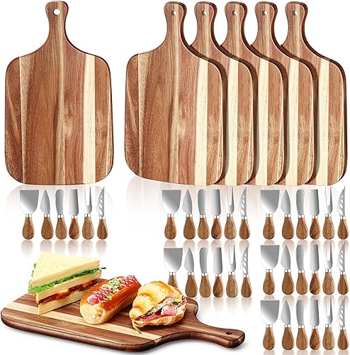 Juego de 6 tablas de queso de Navidad, tabla de cortar de madera de Navidad con mango y cuchillos de queso, tabla decorativa para quesos a granel