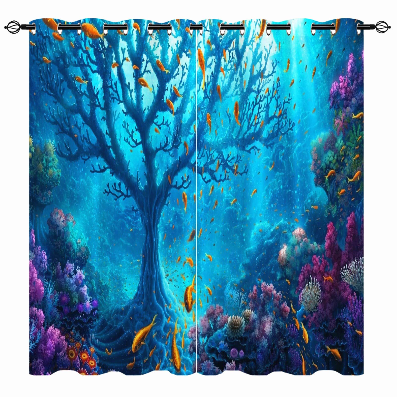 YUANZU Ocean Curtain - Tropical Fish Coral Tree Underwater Sea World Art Scene Print Pattern Eyelet Blackout Thermal Room Darkening Window Drapes for Bedroom Living Room 2 Panels W229cm x D183cm