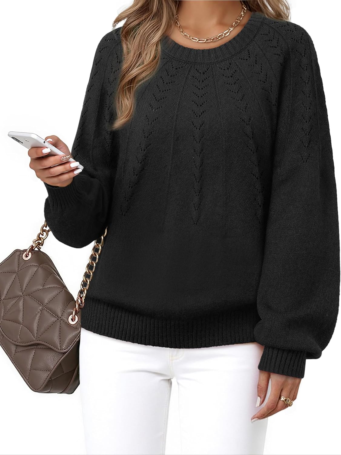 VALOLIA Womens Pullover Sweaters 2025 Long Sleeve Crewneck Casual Loose Pleated Knit Tops