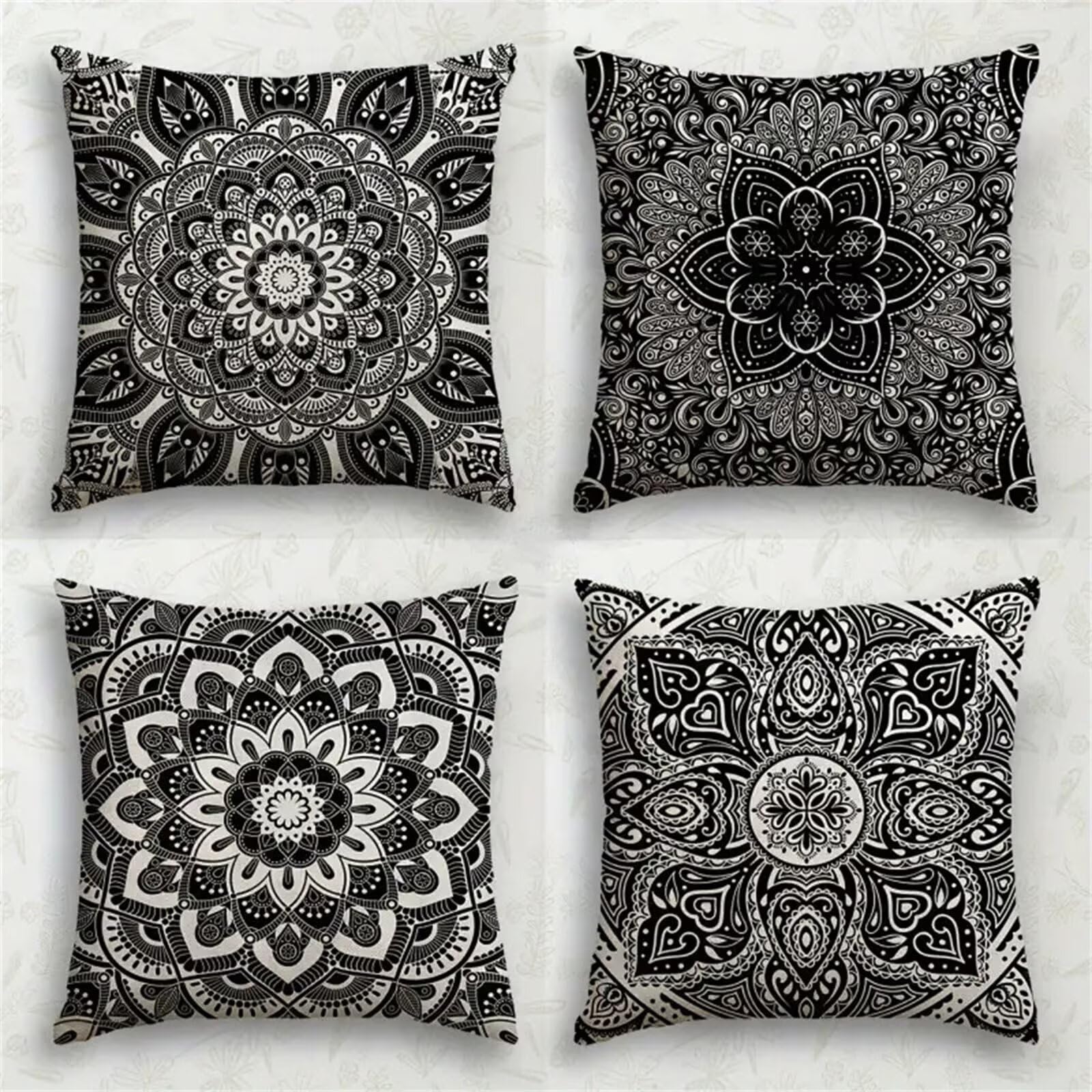 QiHon Cushion Covers 60x60 cm Set of 4 Black Mandala Linen Square Pillow Cases 24x24 inch Modern Decorative Throw Pillow Covers for Sofa Couch Bedroom Home Office with Invisible Zipper