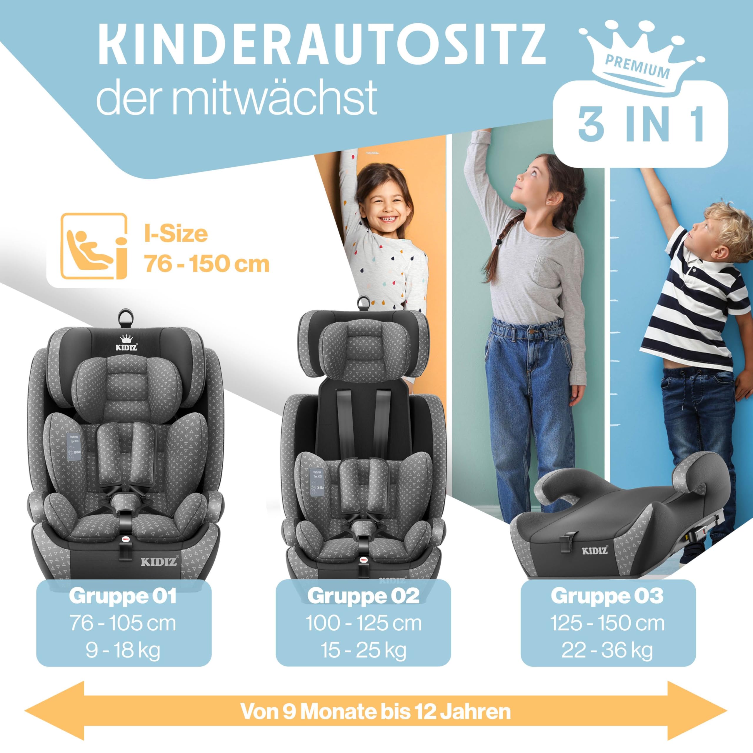 KIDIZ Autokindersitz mit Isofix i-Size R129 100-150cm Gruppe 1/2/3 5-Punkt-Gurt höhenverstellbare Kopfstütze Grau