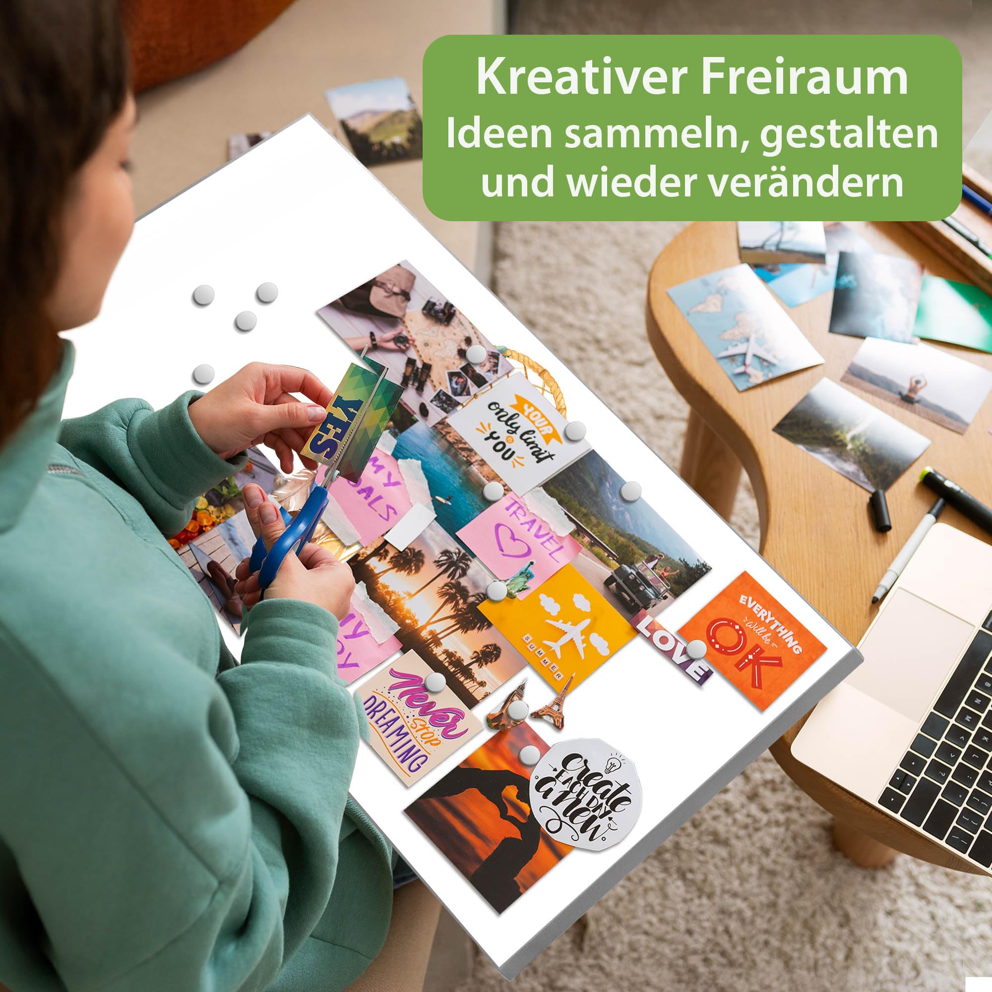 banjado Magnettafel Metall 78 x 37cm - beschreibbare Magnettafel - Metall Pinnwand als Memoboard - Magnetwand Küche, Büro, Kinderzimmer Grau inkl. 4 Magnete & Montageset - Motiv Traumfänger Federn u